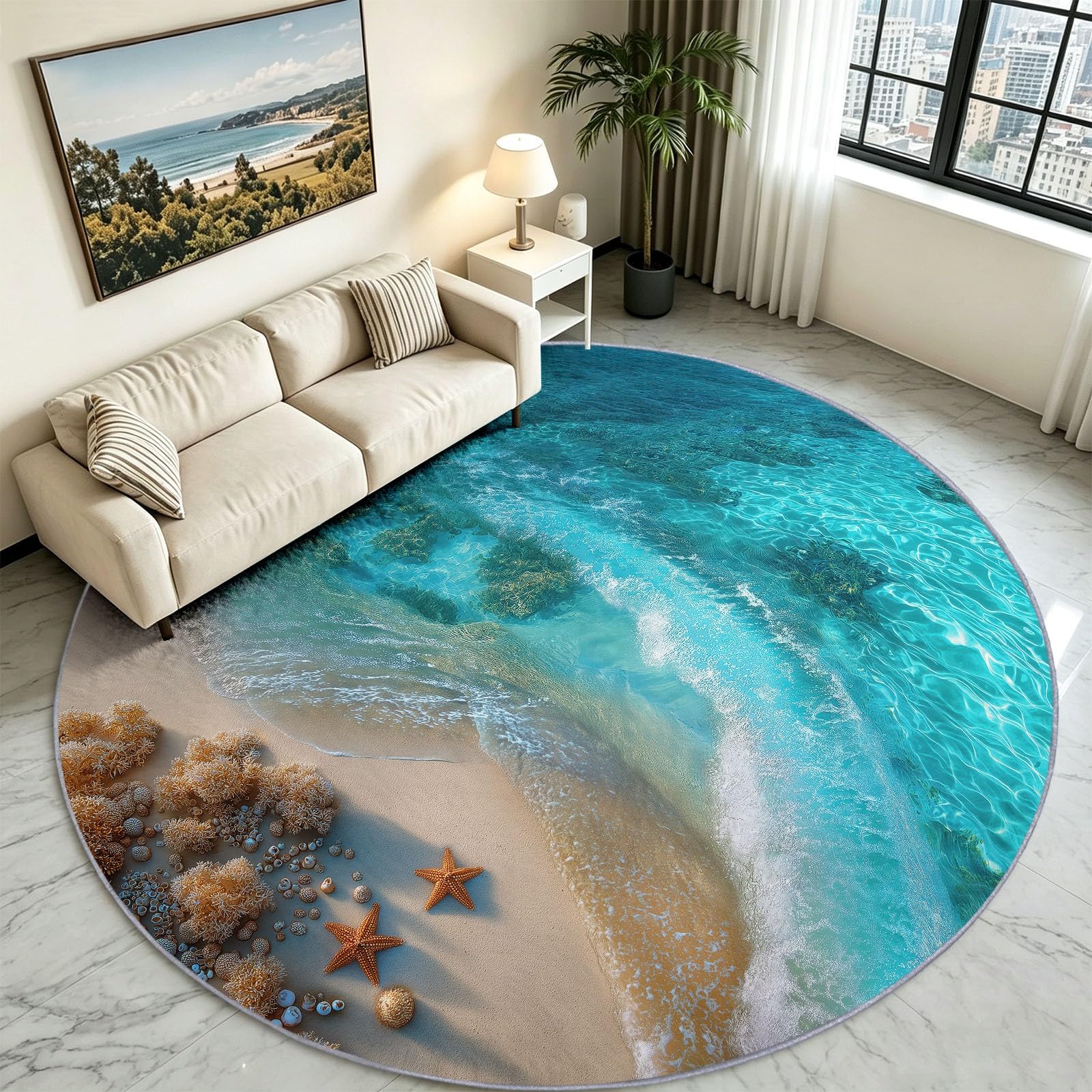 Generisch Rund Teppich 140 cm Küste Strand Kurzflor Waschbarer rutschfest