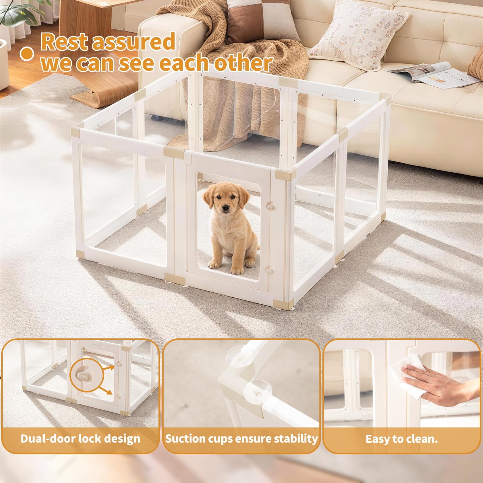 Recinzione per cani in acrilico per interni, 60 cm, per piccoli animali domestici, per cuccioli e cani, facile da montare, con connettori di blocco cachi (bianco, 8 pannelli)
