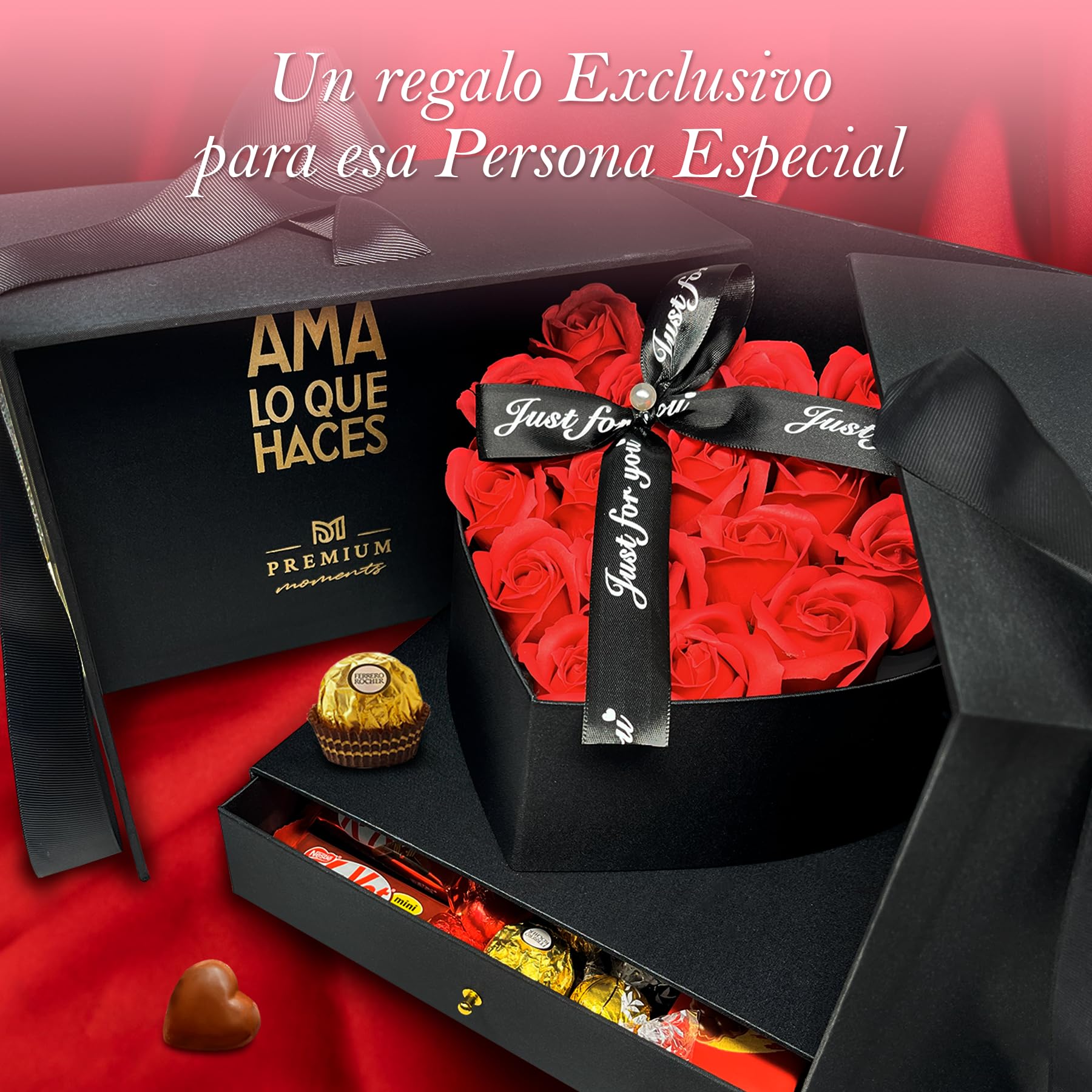 Elegancka szkatułka prezentowa na Walentynki · Zestaw Deluxe z 18 pachnącymi różami i ponad 36 czekoladkami Ferrero Rocher i Lindt Lindor · Szkatułka wielokrotnego użytku