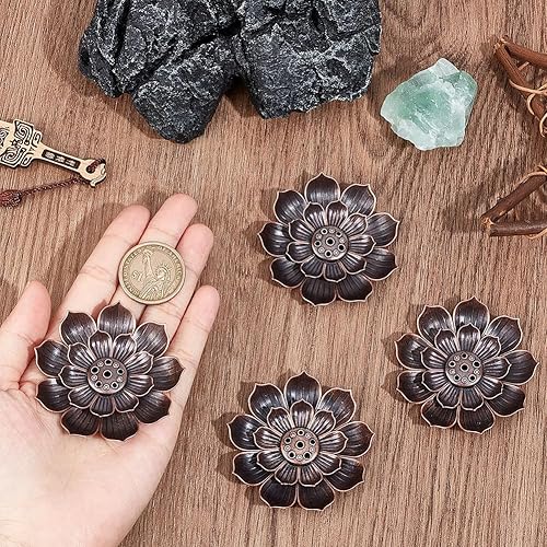 Miniatura 3 de GORGECRAFT 4 unidades de loto de latón quemador de incienso de flores para palitos de yoga, hecho a mano, loto, cerámica, cenizas, bandeja para
