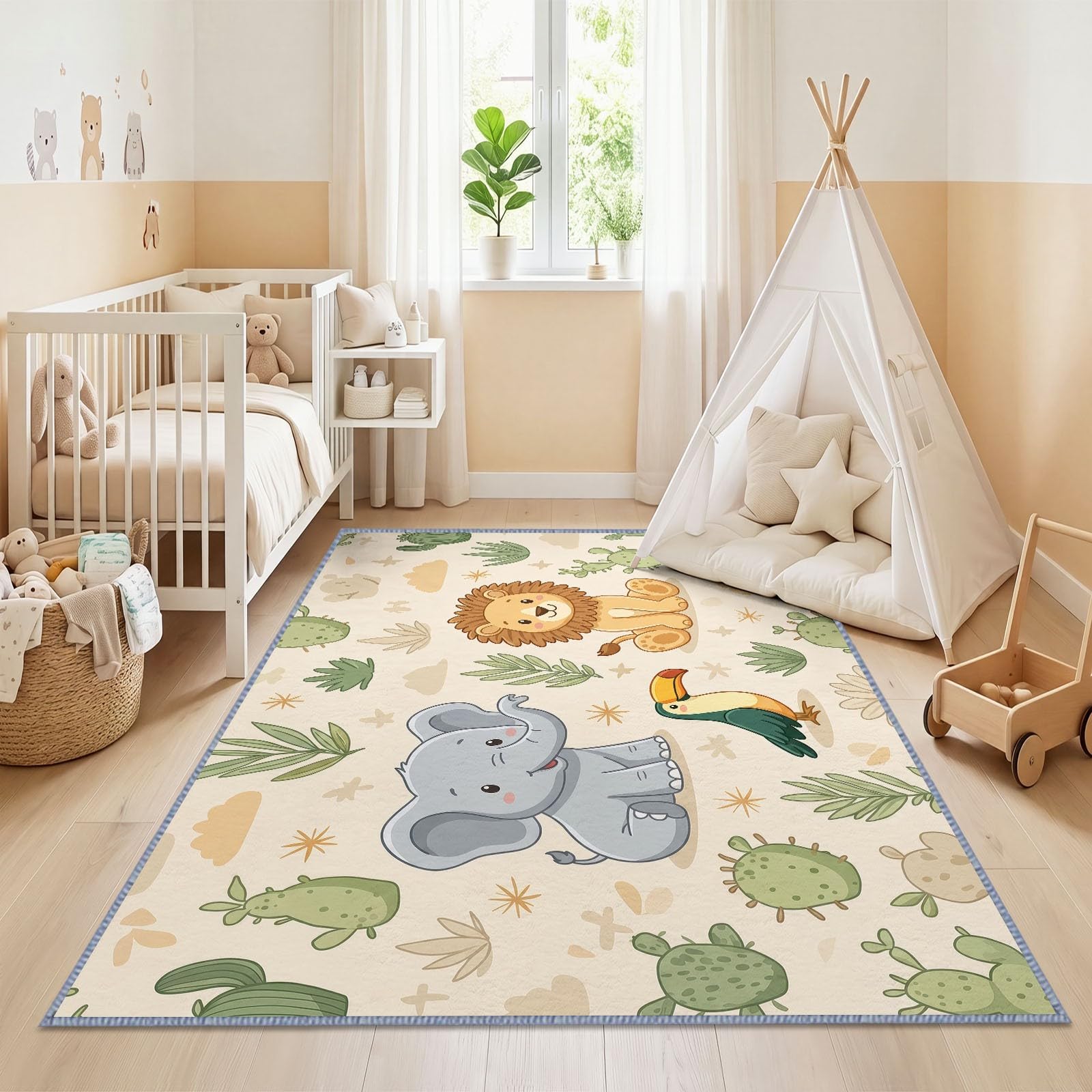 Tapis Salon Désert Animal Éléphant Lion 140 x 200 cm, Doux Tapis de Chambre Dessin Animé Lavable en Machine Imprimées Antidérapant pour Manger Intérieur Bureau Chambre Cuisine