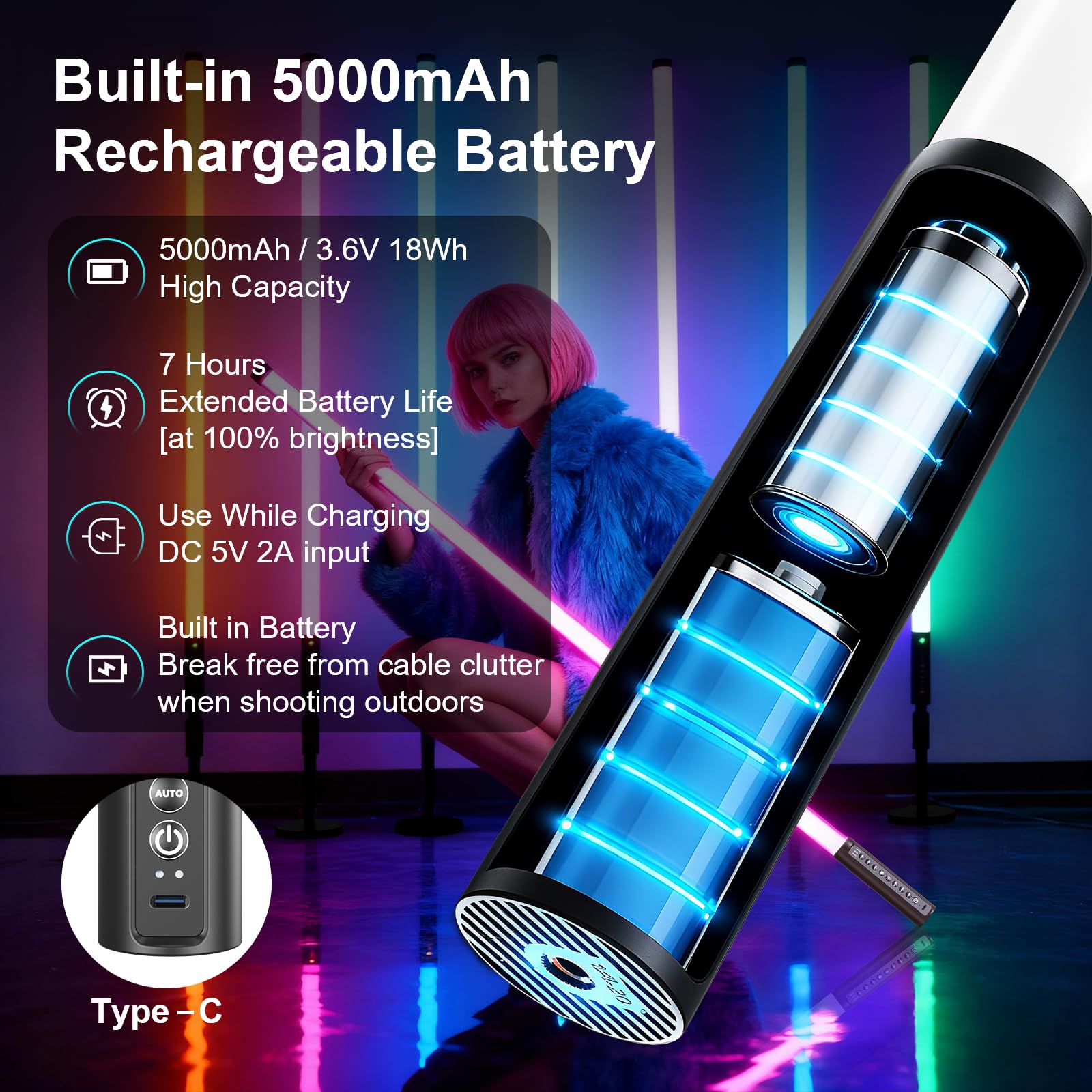 6 Stück 120cm LED Videolicht Mood1 Pro mit Stativ, 2,4-G, LED Handheld Fotografie Licht, dimmbar und Musikmodus, 5000 mAh Akku, RGB-Fotolampe für YouTube, Spiel-Streaming, Party, bar, Foto-Beleuchtung