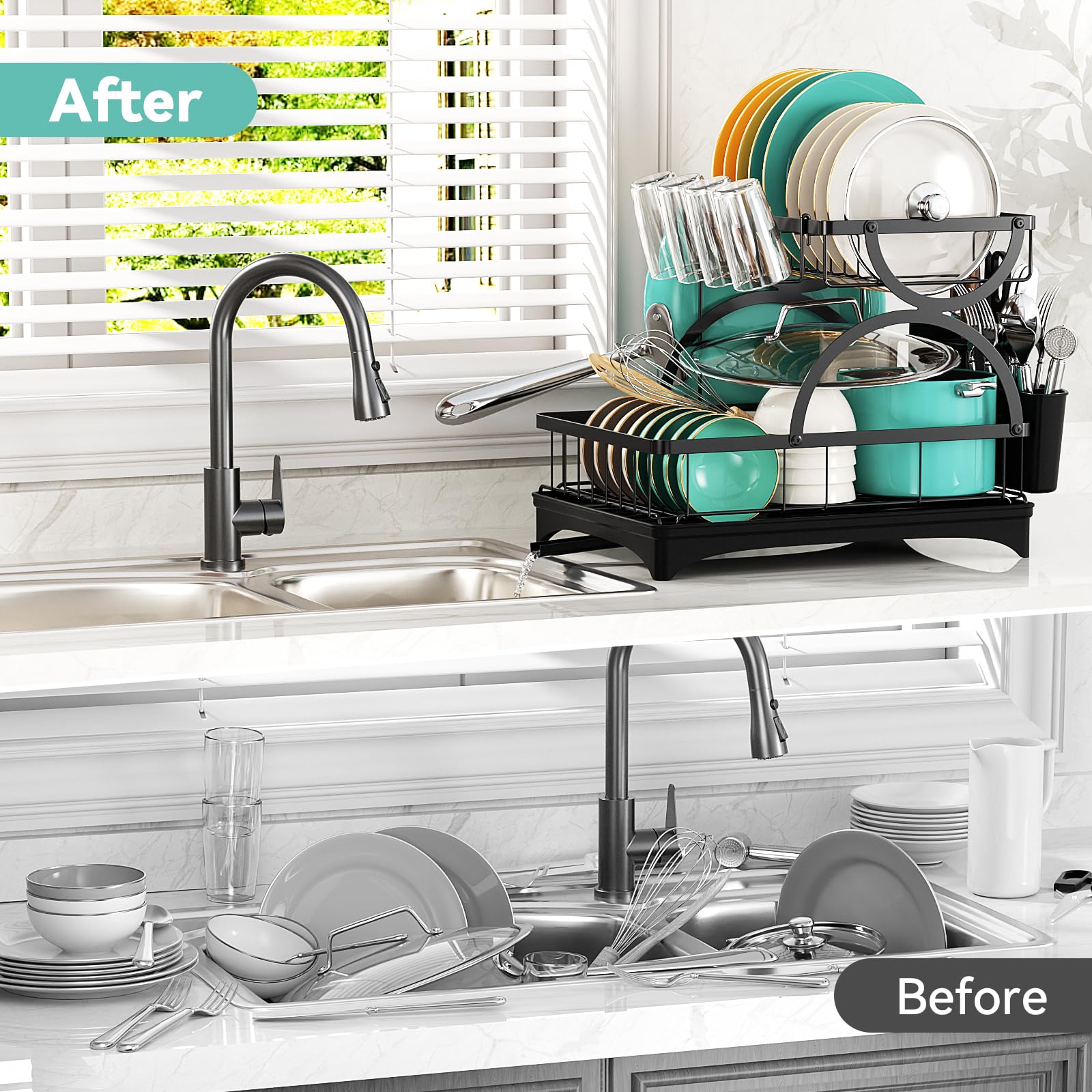 Elerator Dish Drying Racks for Kitchen Counter, Large 2 Tier Dish Rack with Drainboard, Rust-Proof Metal Dish Drainers with Detachable Cup Holder, Cutlery Holder, Cutting Board Holder.