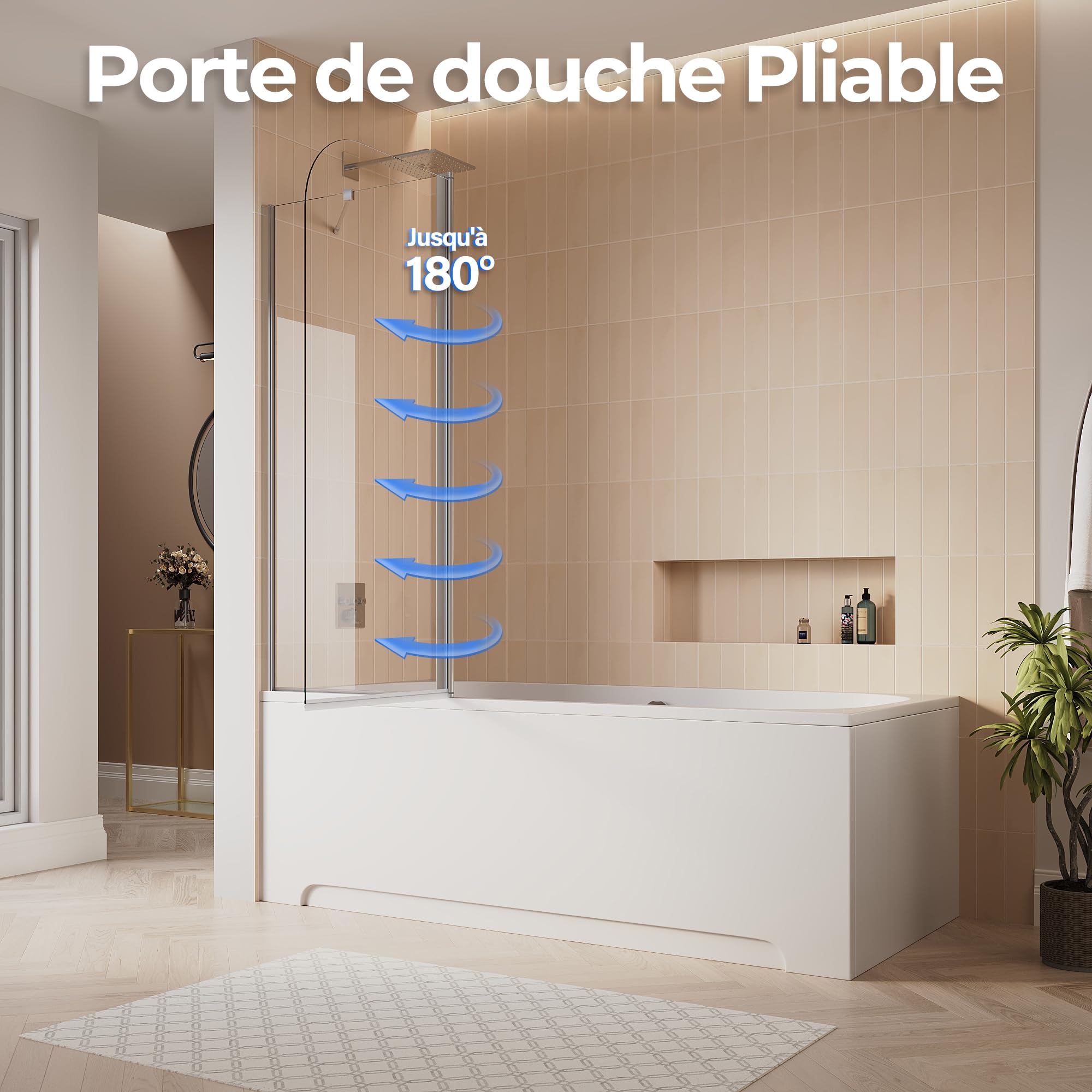 SIRHONA paroi de baignoire 120x140cm, aluminium argenté brillant, paroi de douche rabattable et orientable à 180°, montage à droite ou à gauche, verre trempé 6mm