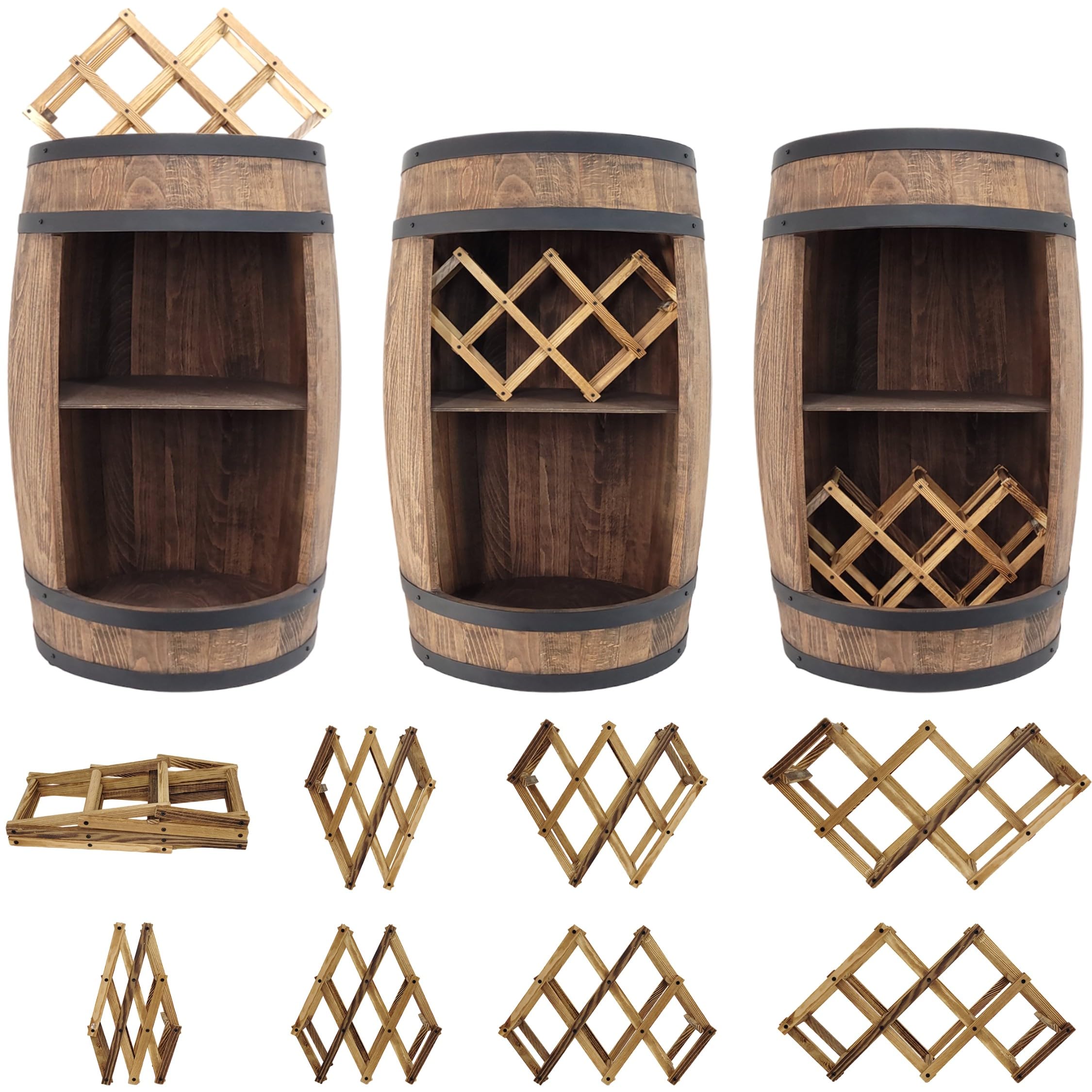 weeco Montabile con illuminazione a LED e portabottiglie per vino, Barile In Legno, decorazione rustica, armadietto da bar, portabottiglie, portabottiglie di vino, Mobilie a forma di botte 80cm wengé
