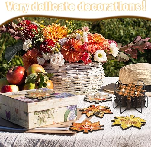 Miniatura 4 de Suttmin 12 posavasos de arte de diamantes de otoño, hoja de arce, para pintura de otoño, bricolaje, con soporte 5D para otoño, Acción de Gracias,