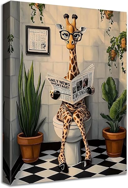 Cadre en Bois Impression sur Toile Girafe Tableau Affiche Decoration Murale Image sur Toile Girafe Amusante Lisant le Journal sur les Toilettes Tableau Decoration Murale Salle de bain WC 30x40cm - 1