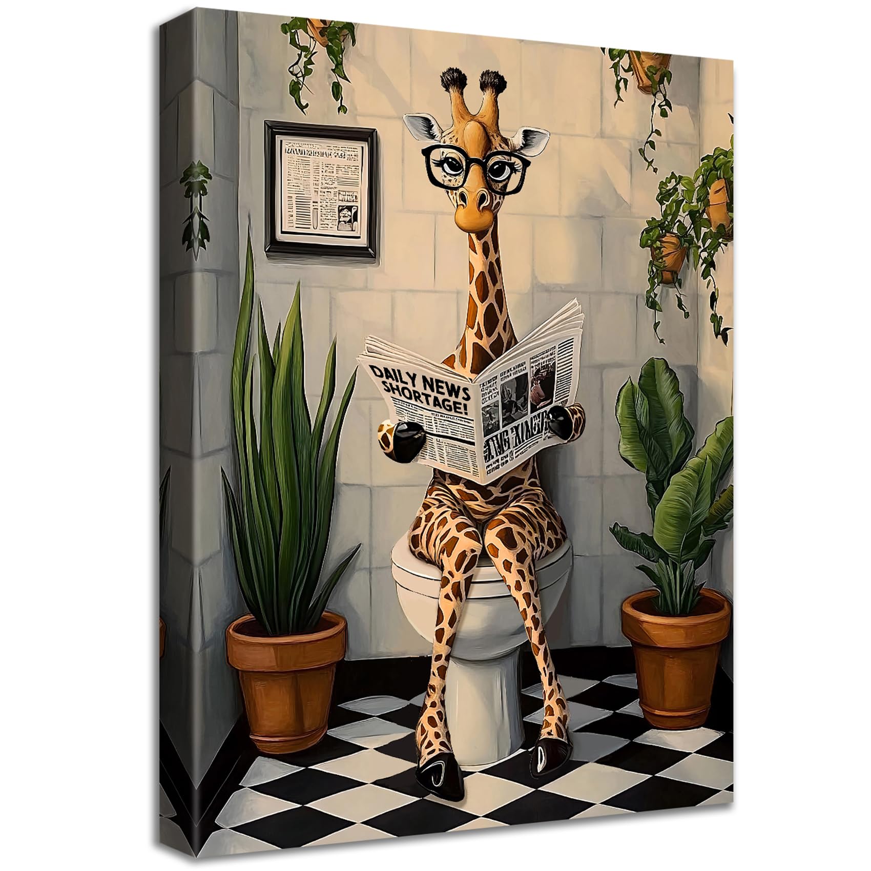 Wooden Framed Canvas Wall Art Funny Giraffe Bathroom Painting on Canvas Prints Animals Humor Poster Giraffe Reading the Newspaper on Toilet Pictures for Bathroom Toilet WC Wall Decoration 30x40cm โ image 1