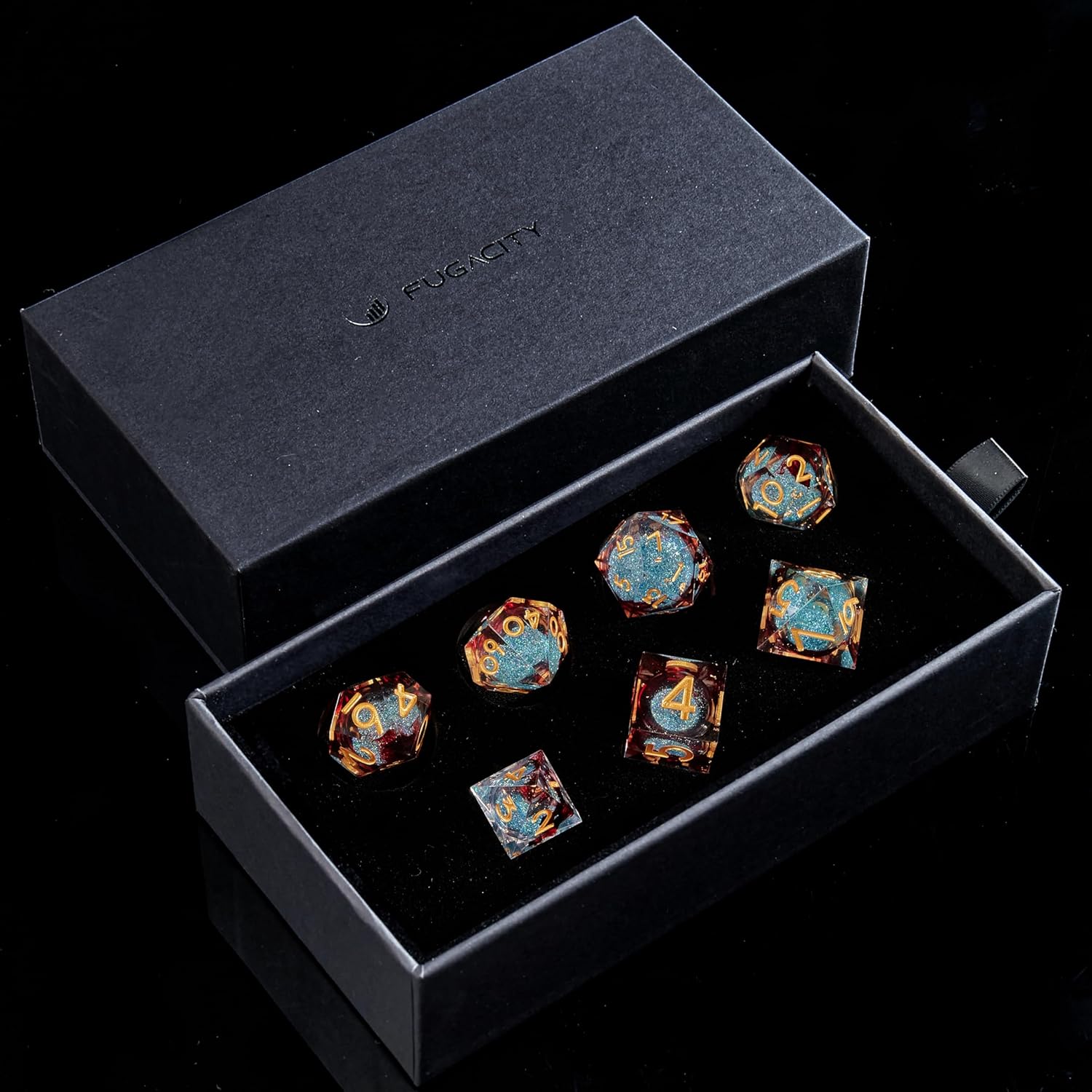 Fugacity Dice Set, Liquid Core Handmade Sharp Edge 7 Piece Resin Dice-for Dungeons and Dragons Polyhedral Dice Set, D&D Dice Set with Gift Dice Case for RPG MTG Table Games