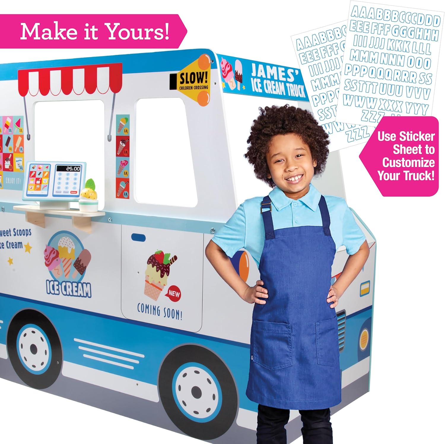 Ice Cream Truck Wooden Playset- 20 Fun Toy Pieces Including Freezer, Steering Wheel, Sink & Sticker Sheet for Kids Name- Popsicles, Cones, Scooper- Play Stand for Indoor Activity Center, Ages 3+ Gift