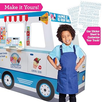 Ice Cream Truck Wooden Playset- 20 Fun Toy Pieces Including Freezer, Steering Wheel, Sink & Sticker Sheet for Kids Name- Popsicles, Cones, Scooper- Play Stand for Indoor Activity Center, Ages 3+ Gift