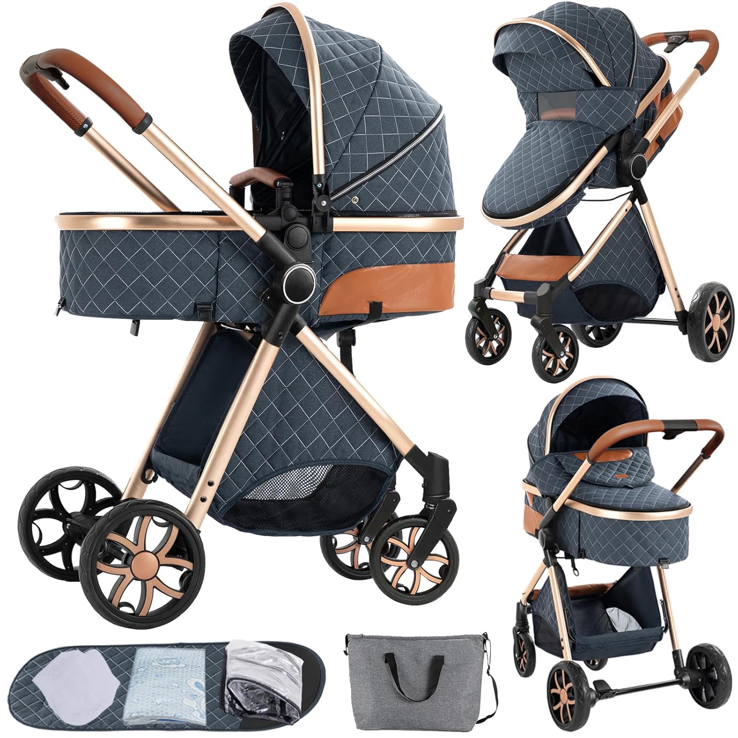 2 in 1 Convertible Baby Stroller with Bassinet Mode, Reversible Infant Bassinet Stroller with One-Click Folding, Newborn Travel Carriage Toddler Standard Pram (225 Blue)
