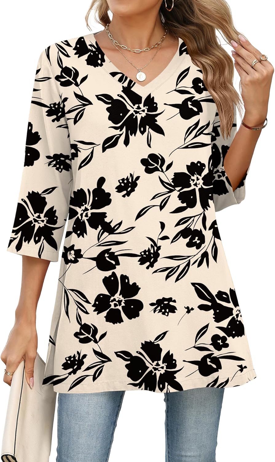 AKEWEI Womens Blouses Casual 3/4 Sleeve Tops for Women V Neck Tunics to Wear with Leggings Swing Flare - Image 2