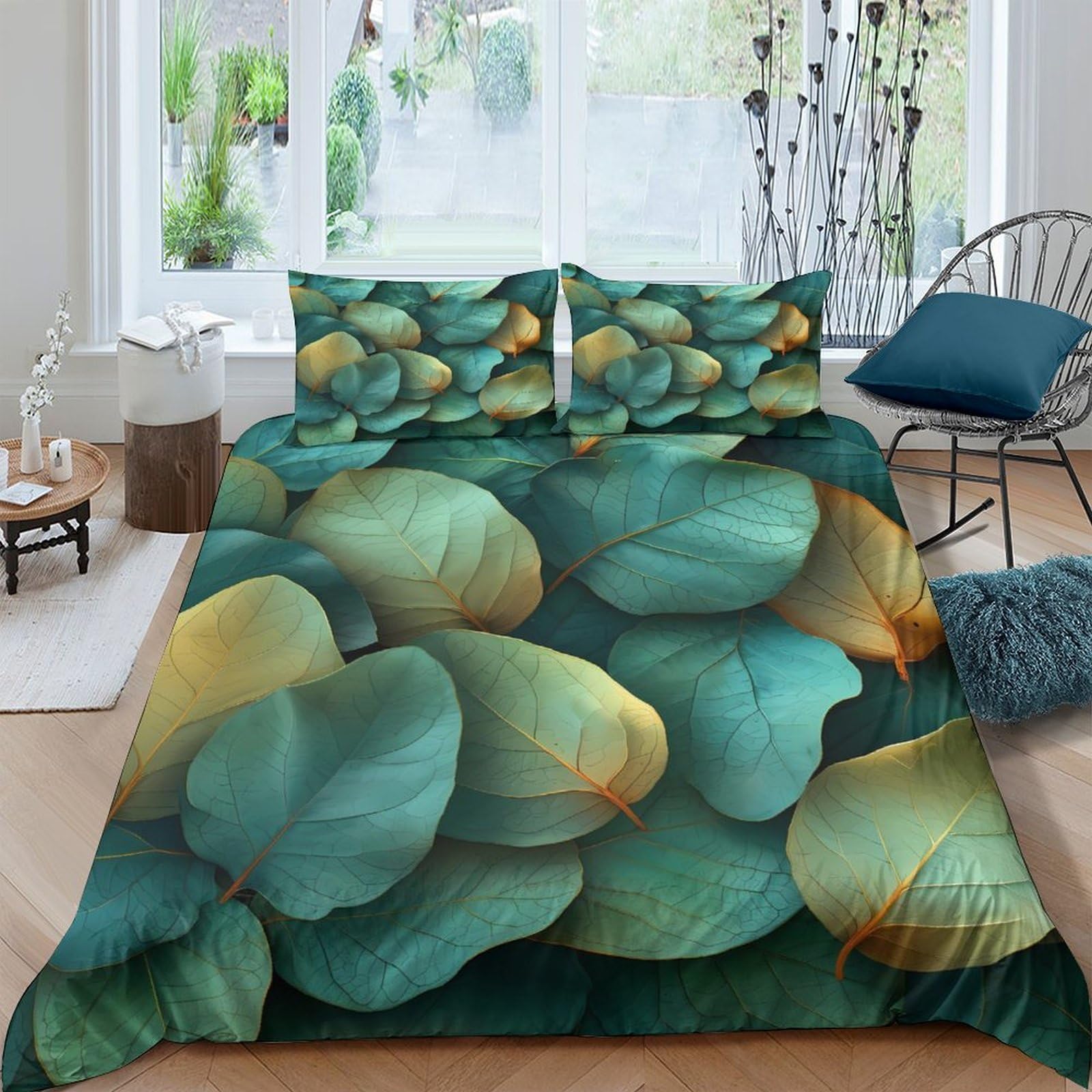 TUFRTGYHN 3D Printed Green Leaf Duvet Cover Microfiber Soft Botanical Petal Bedding Set with 2 Pillowcases for Bedroom Decor Single（135x200cm）