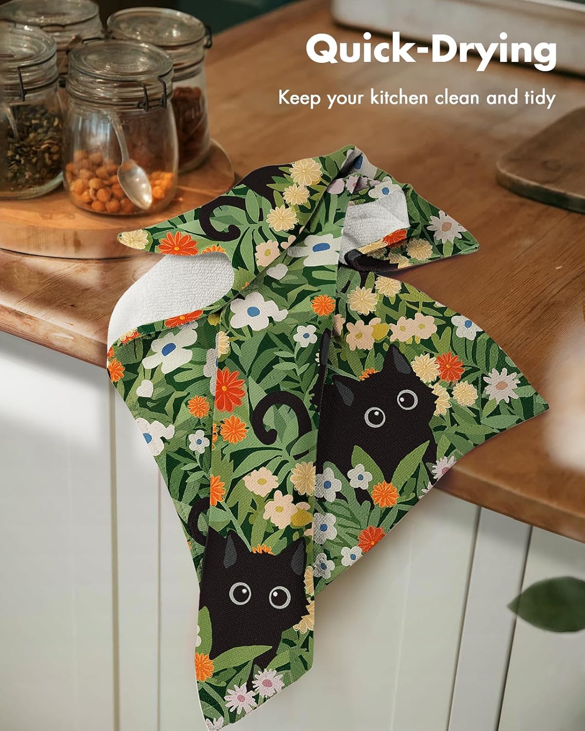 Cotton Kitchen Towels Set of 2 - Cute Design 16×26 Inch Dish Towels for Kitchen with Hanging Loop Black Cats Quick Dry Hand Towels Soft & Absorbent, Home Decorative, Terry Cloth Tea Towels - Image 2