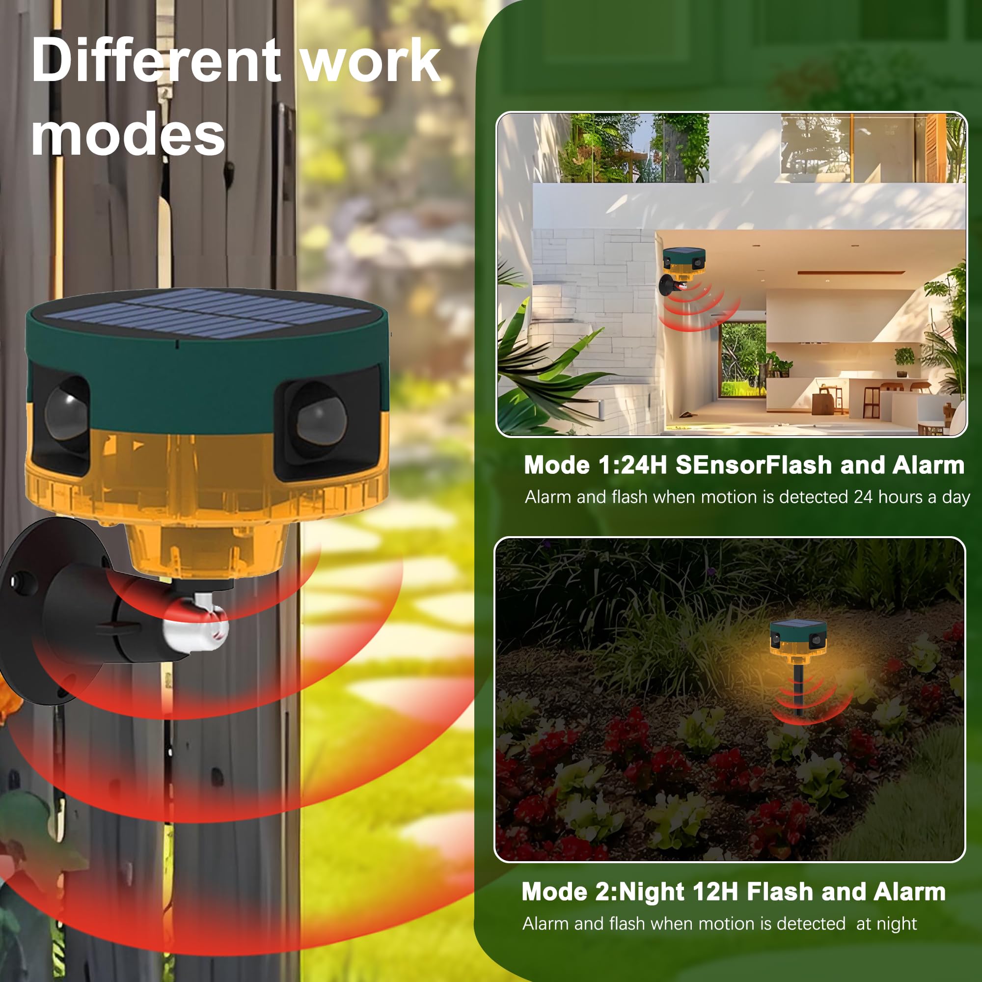 Alarma con Sensor de Movimiento Solar para Exteriores: Sonido de ladridos de Perros y Disparos, Sirena Fuerte de 129 db, admite grabación, 13 Tipos de Sonido (4 Pack)