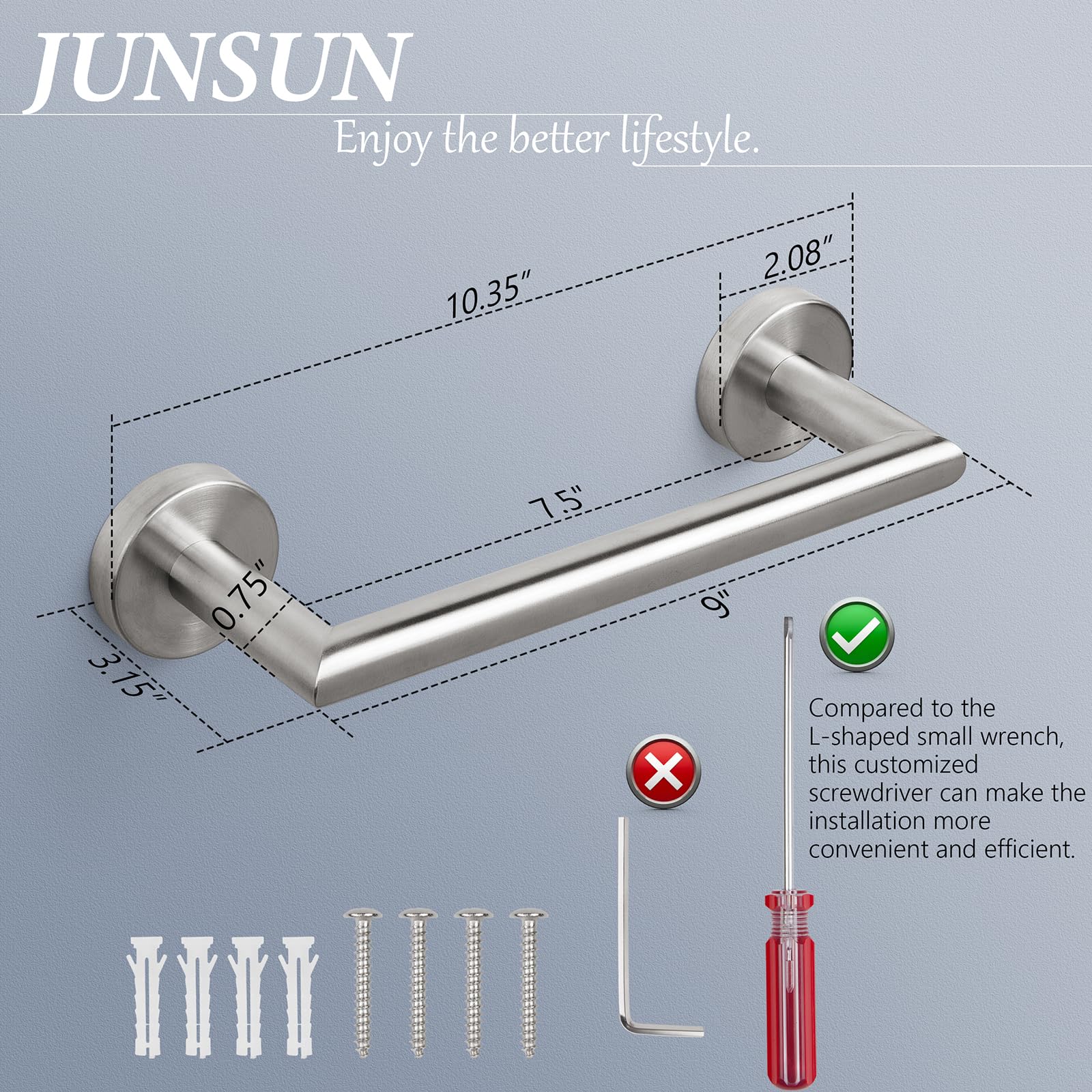 JunSun Toallero de baño de níquel cepillado de 9 pulgadas, toallero montado en la pared, soporte para toallas de mano de baño, decoración moderna del hogar, barra de toalla de baño, accesorios de