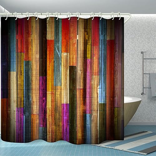 Miniatura 2 de WODEJIA Juego de cortinas de ducha impermeables para accesorios de baño, con pintura roja a rayas, tablero de madera impreso, hermosa tela ancha de