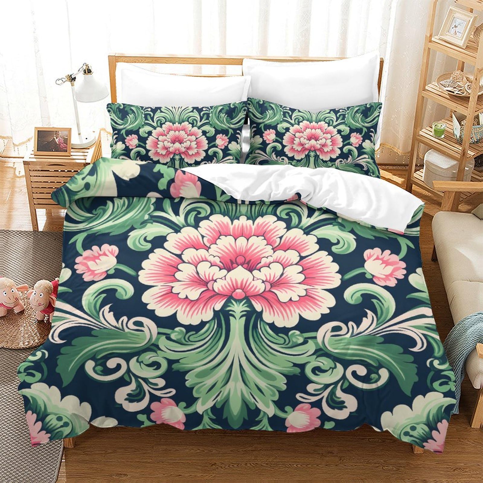 Housse de couette fleurs parure de lit microfibre anti-plis fermeture éclair