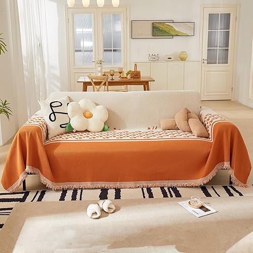 STACYPIK Funda de sofá duradera con patrón de cuadrícula naranja, fundas de sofá bohemias en forma de L, protector de muebles para sofá de 3