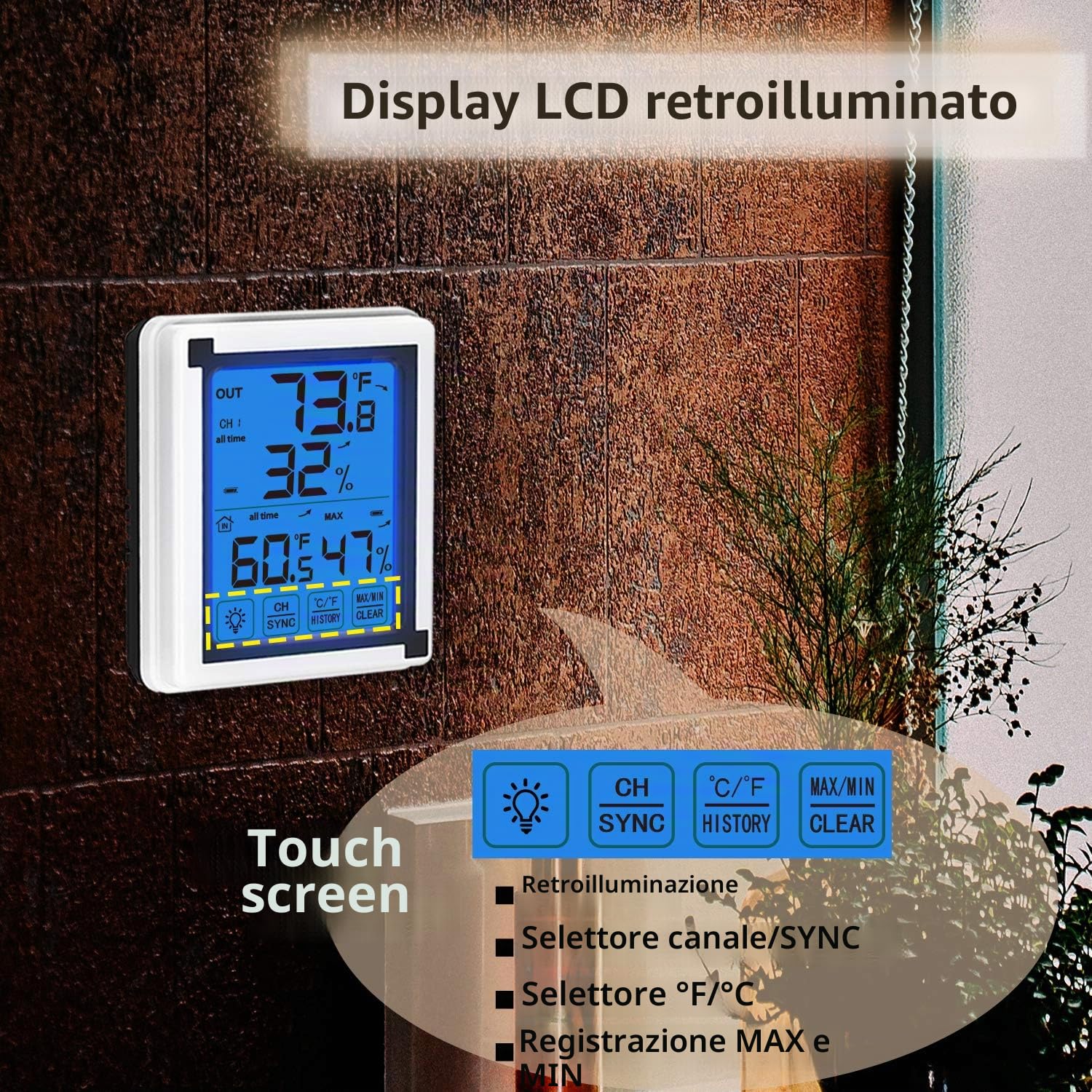 ThreeH Indoor Outdoor Termometro Igrometro Digitale con 3 Sensori Wireless Misuratore di umidità Misuratore di Temperatura Accurato con Retroilluminazione LCD Touchscreen (3 sensori)