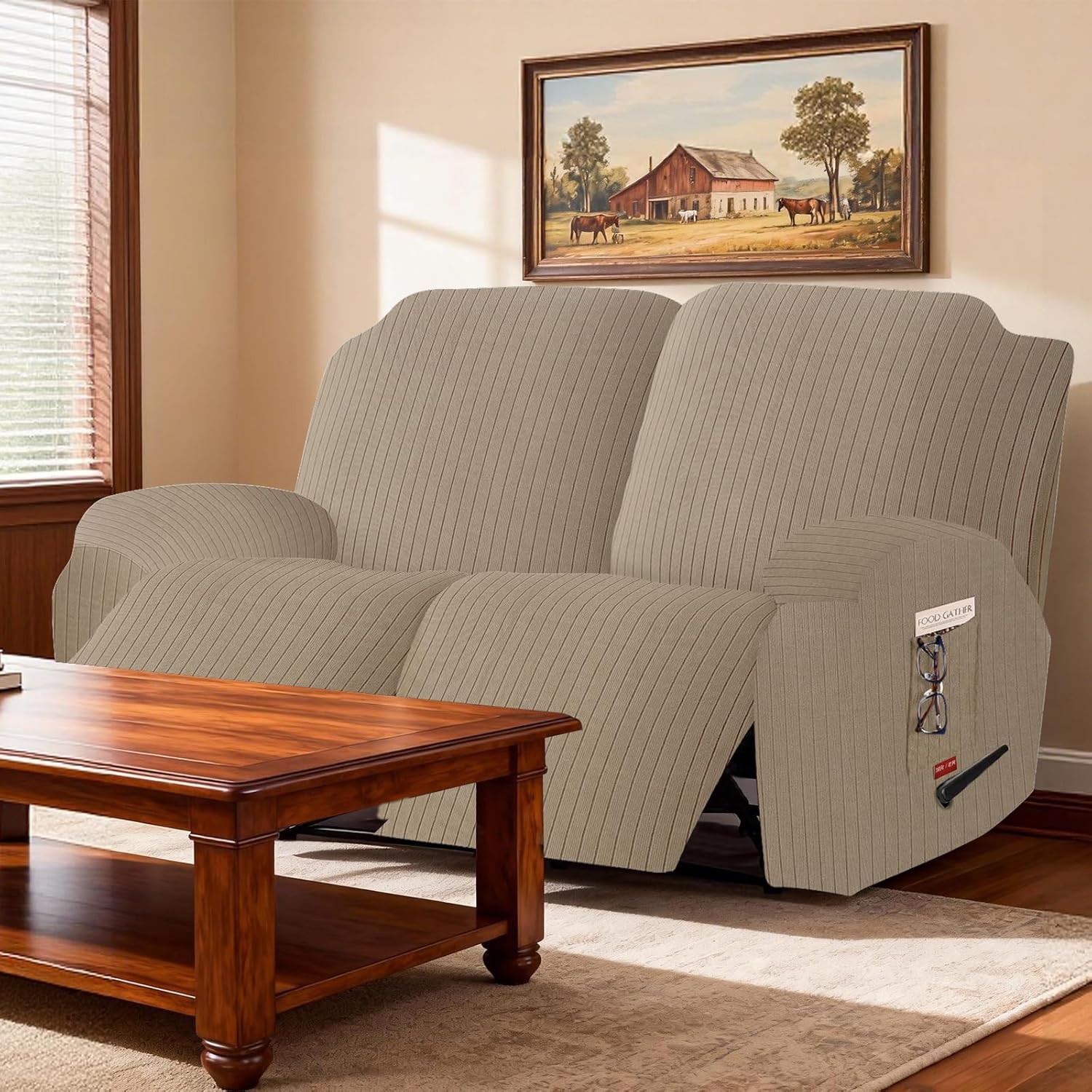 4 Pieces Stretch Recliner Loveseat Covers - Striped Pattern Slipcovers & Durable Furniture Protectors with Elastic Bottom for Kids and Pets (2 Seater, Khaki)