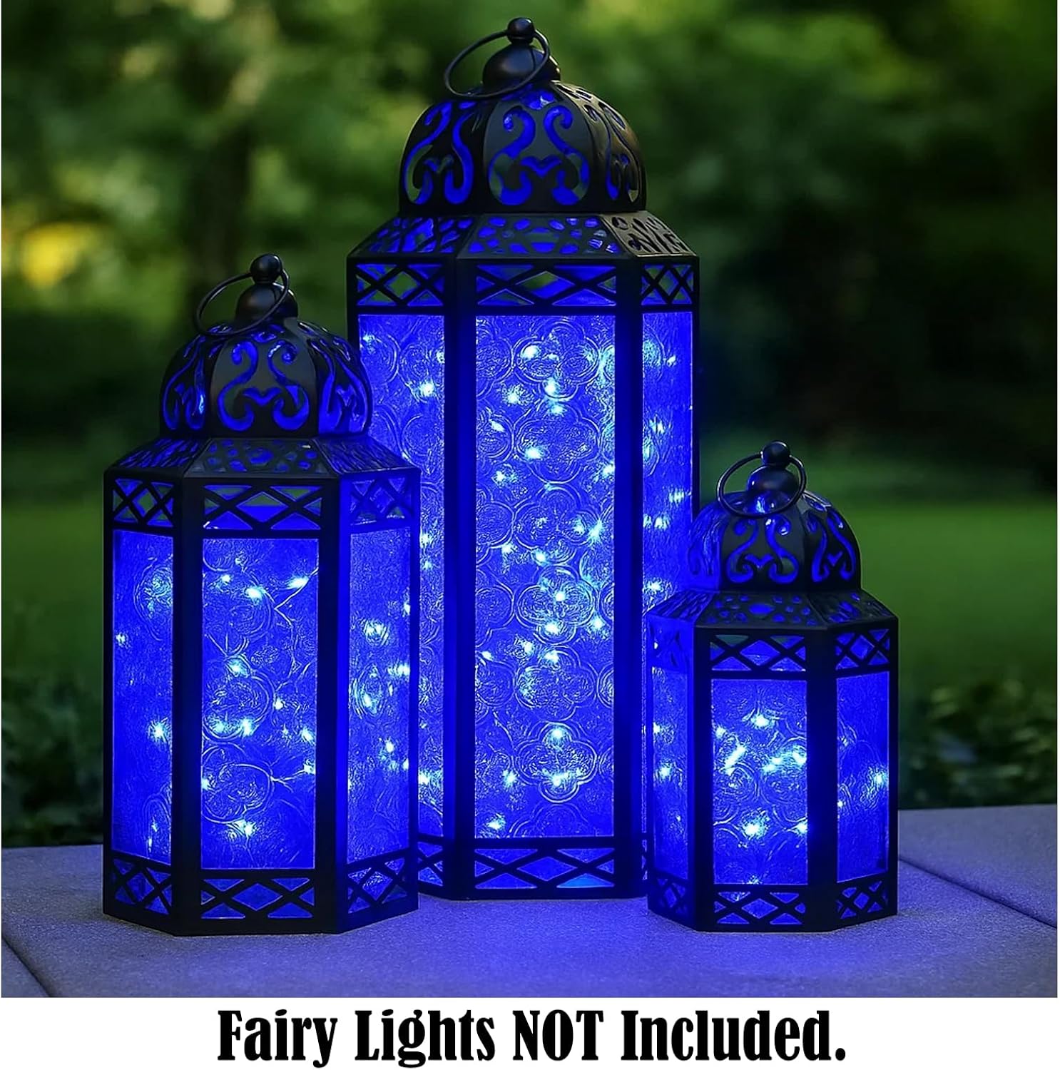 VELA LANTERNS Moroccan Candle Lanterns – Decorative Set of 3, Blue Metal & Glass Candle Holders for Floor, Ramadan Decorations, Indoor Home Decor, Outdoor Patio or Porch, Weddings & Parties