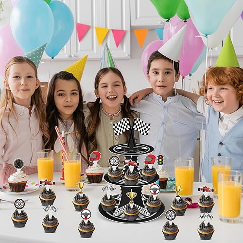 Miniatura 6 de Soporte para cupcakes de auto de carreras de 3 niveles con 24 adornos para tartas, decoraciones de fiesta de cumpleaños, temática de autos