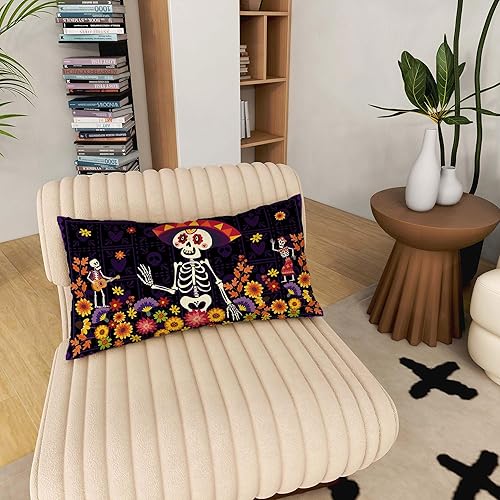 Miniatura 5 de Juego de 2 fundas de almohada del Día de los Muertos Dia De Los Muertos Calavera de Azúcar Flor de 12 x 20 pulgadas, Juego de 2 fundas de almohada