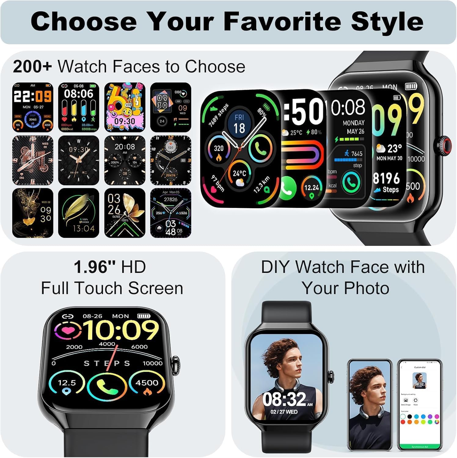 Montre Connectée Homme Femme,1.96" HD Bracelet Connecté avec Appel Bluetooth,Smart Watch Fitnessuhr 100+ Sportifs,Etanche IP68 Montre,Moniteur Sommeil Fréquence Cardiaque Podomètre, pour Android iOS
