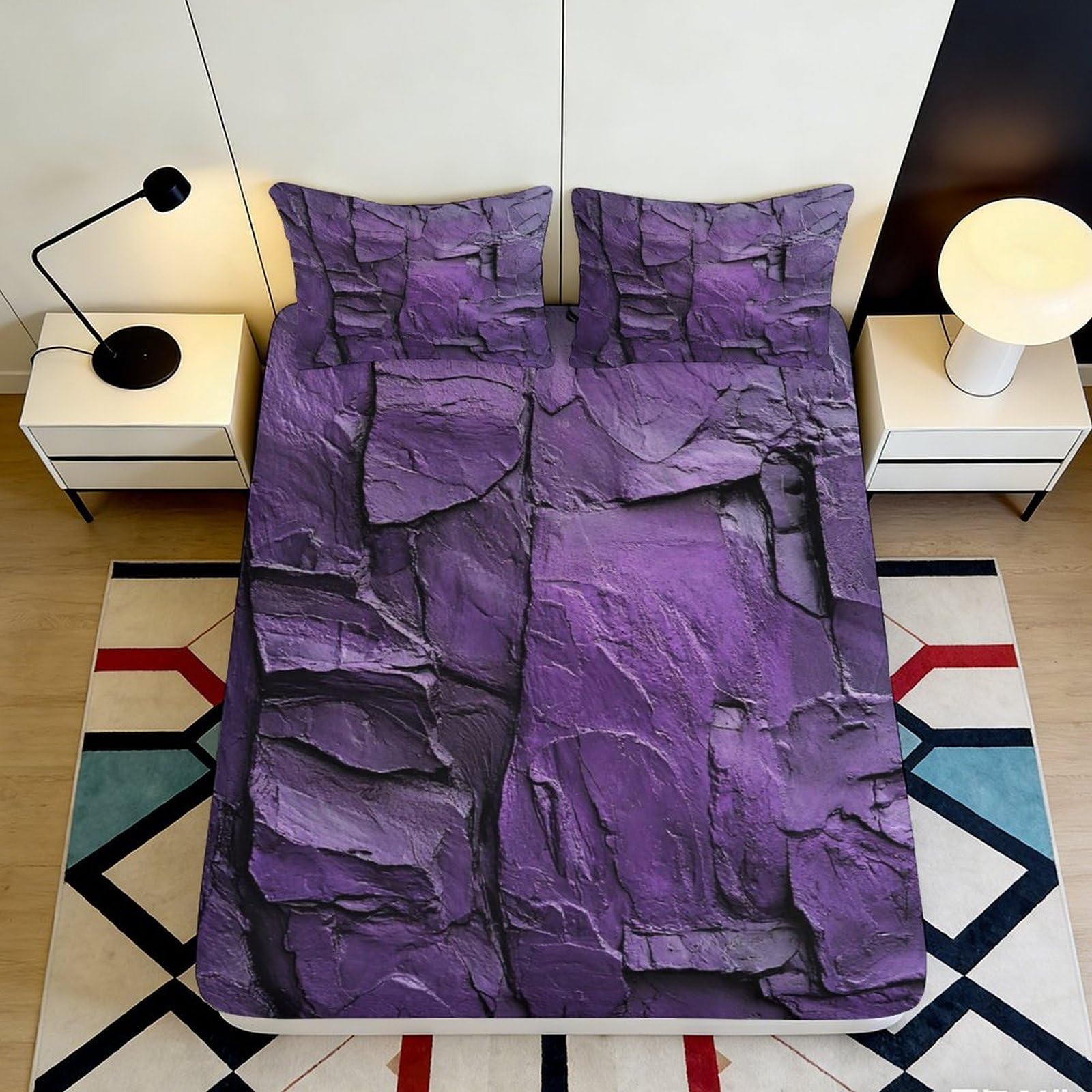 3D Printed Purple Rock Texture Fitted Sheet Microfiber Soft Bed Cover for Bedroom Dorm Decor Dust Protection 90x200x25cm