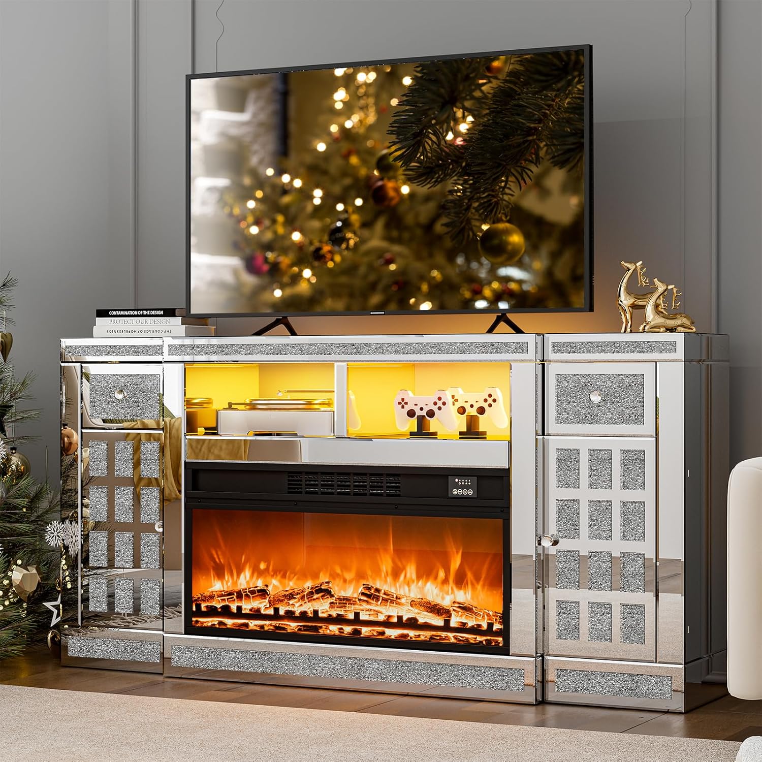 LED Mirrored Fireplace TV Stand for 65 inch TV, Modern TV Console with 2 Drawers and 2 Storage Cabinets, Sliver Crushed Diamond Media Entertainment Center with Remote Control for Living Room