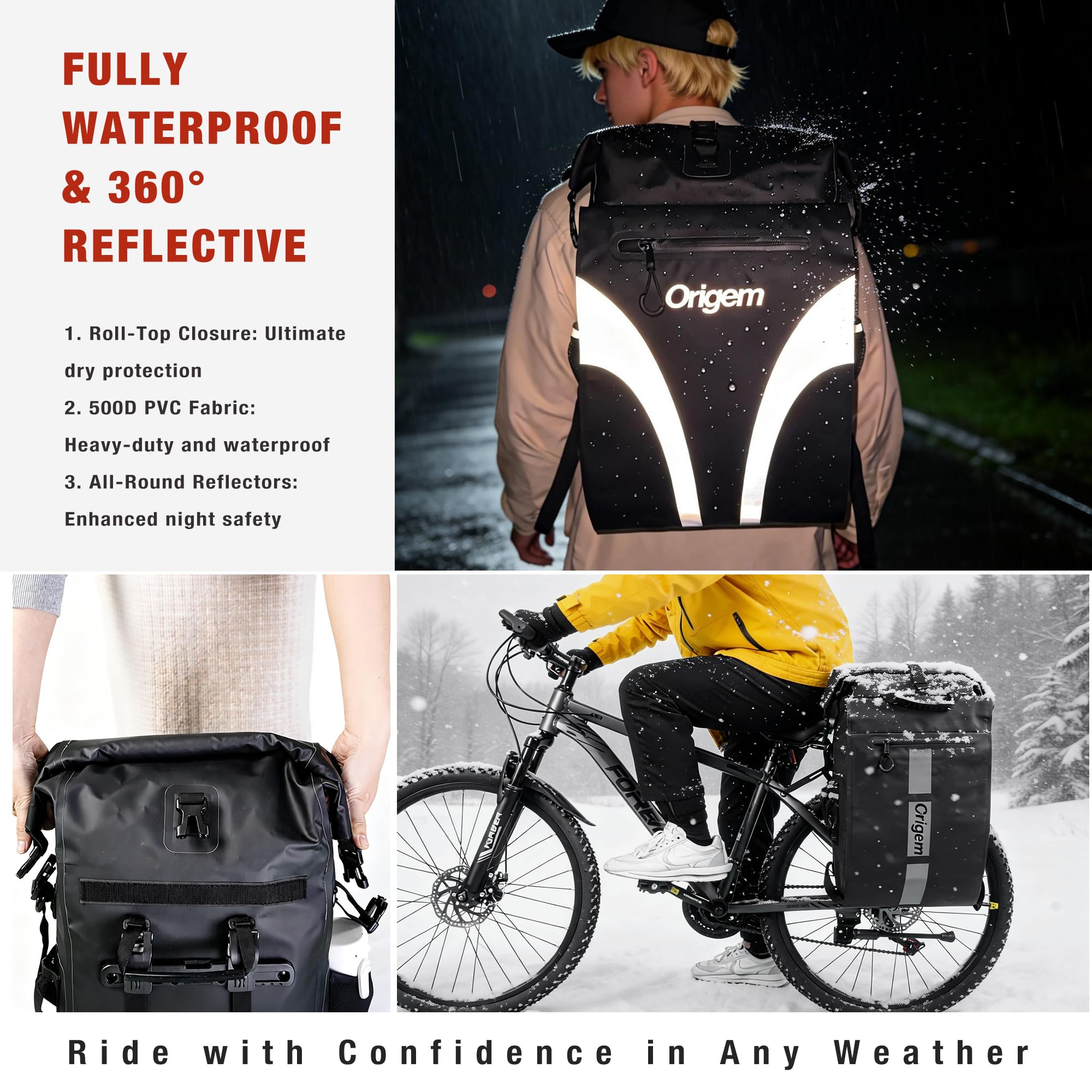 Origem 32 L Fahrradtasche für Gepäckträger, 3in1 Rucksack wasserdicht | Umhängetasche für Damen & Herren, Große Gepäckträgertasche Fahrradtasche mit Reflektoren & Laptopfach Sichere Befestigung
