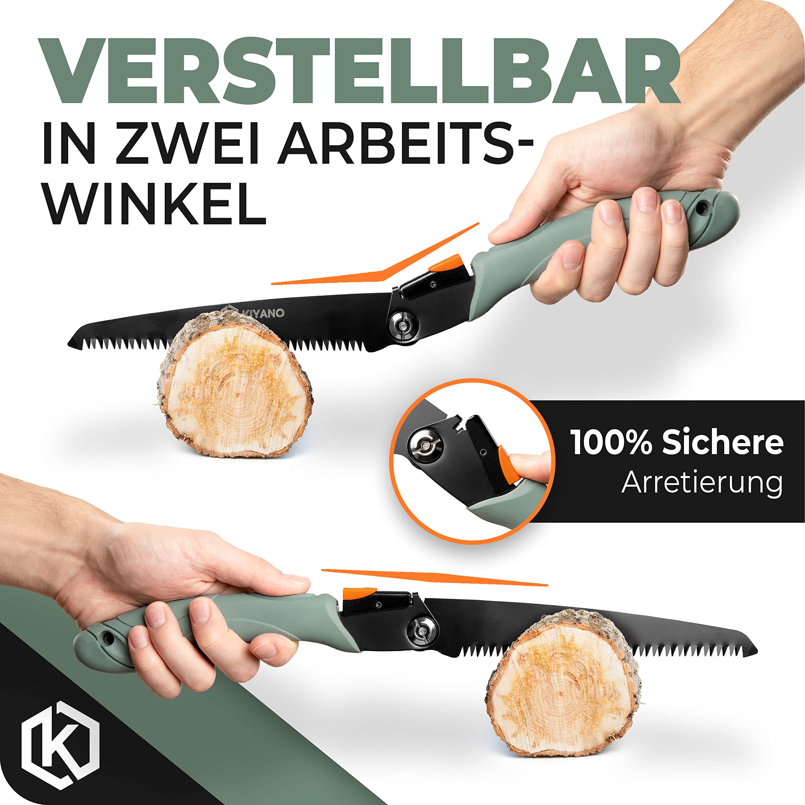 KIYANO® Sierra plegable premium para exteriores/podar con bloqueo de seguridad, incluye mosquetón táctico (210 mm), sierra de mano de madera de acero al carbono SK5, para Bushcraft, supervivencia,