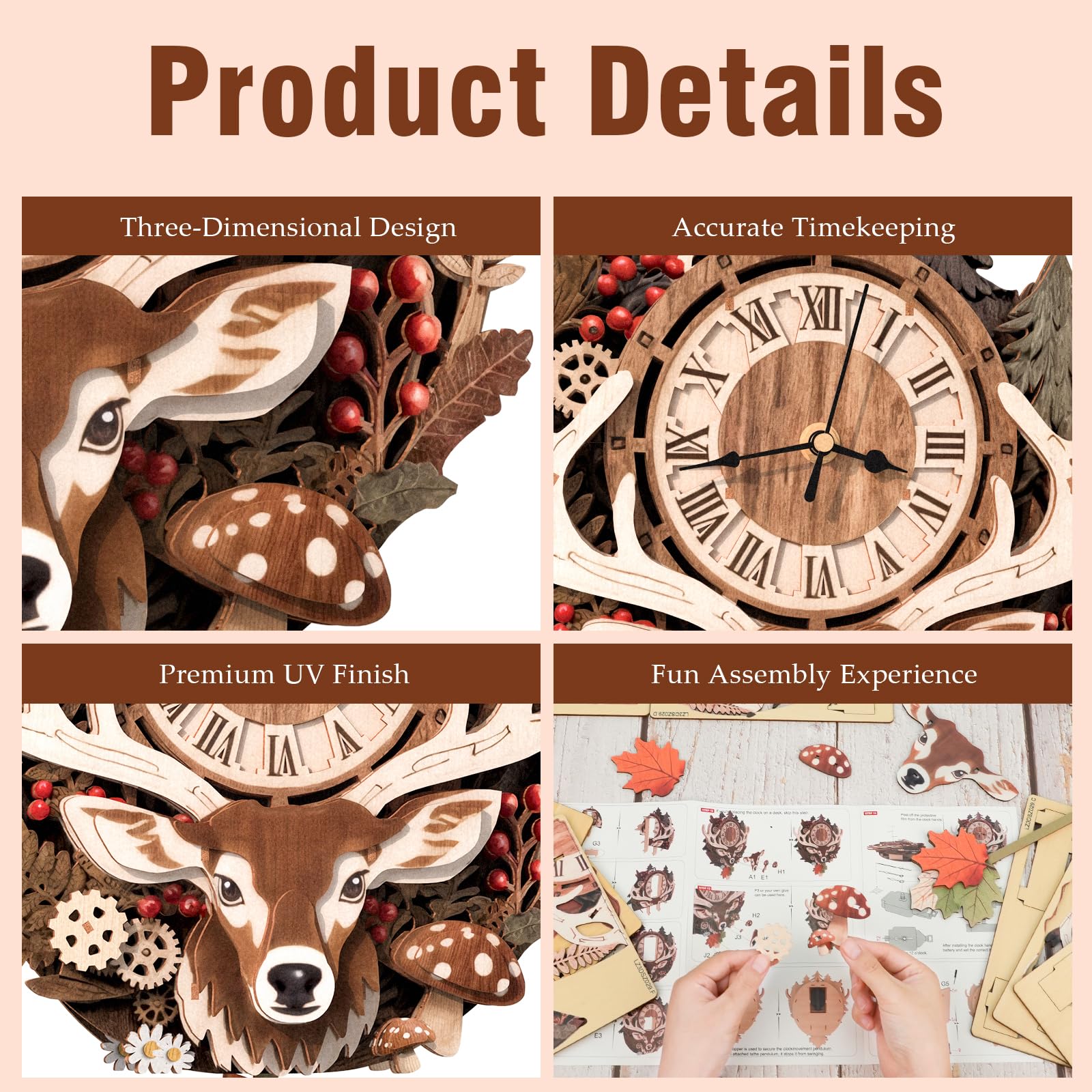 3D Wooden Reindeer Clock Puzzle - Build & Decorate -3