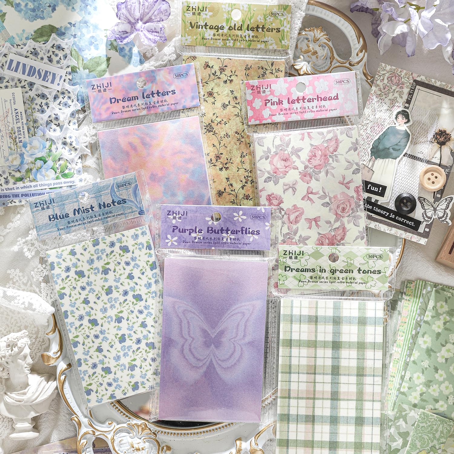 Alideco 300pcs Vintage Floral Print Butterfly Checkered Scrapbooking Paper for Journaling Supplies, Decorative Craft Paper for Junk Journals (limingqingfeng)