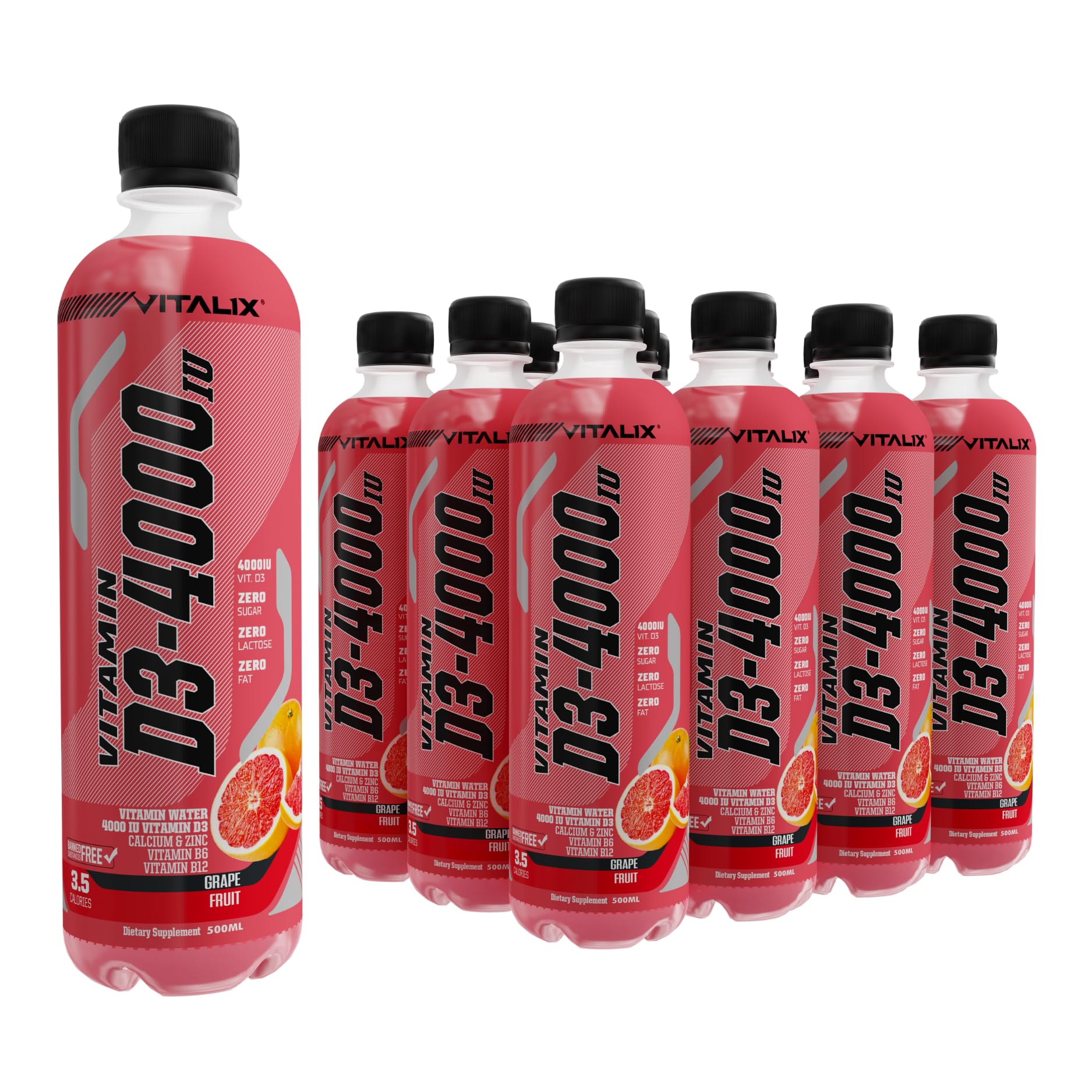 Vitamin D3-4000 Vitamin Water, Zero Sugar, with Calcium and Zinc, 500mL, Pack of 12 (Pack of 12, Grapefruit) Grapefruit Pack of 12