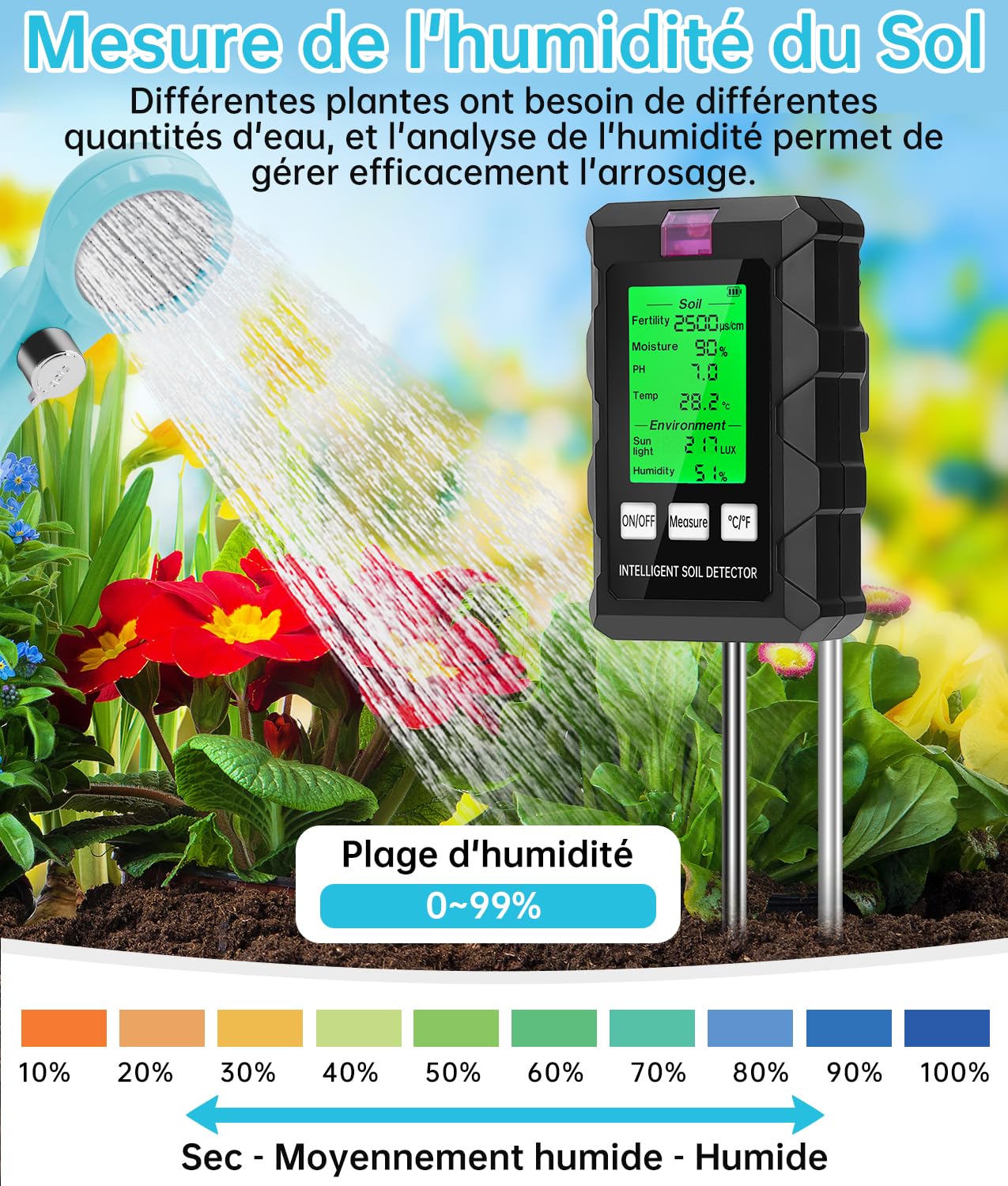WADEO Testeur d'humidité du Sol, Appareil de Mesure du Sol 6 en 1, Détection de Température, du PH, l'humidité Ambiante, Nutriments, Lumière du Soleil, Adapté au Jardinage et Aux Plantes en Pot