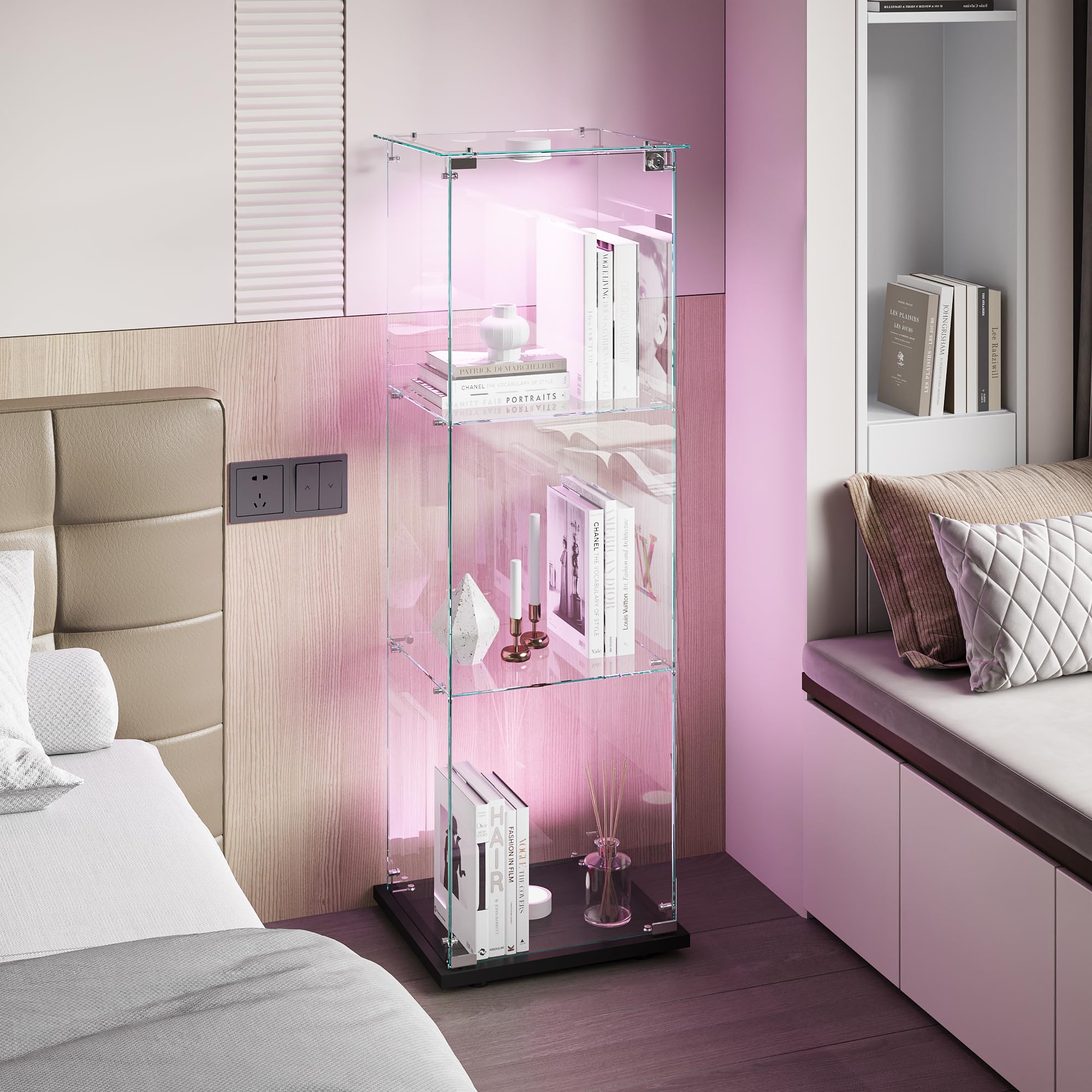 vitrina de cristal con LED, armario de colección moderno con 3 estantes 1 puerta, vitrina de pie para sala de estar, dormitorio, oficina, 123 x 40 x 35 cm (negro + puertas individuales + luces