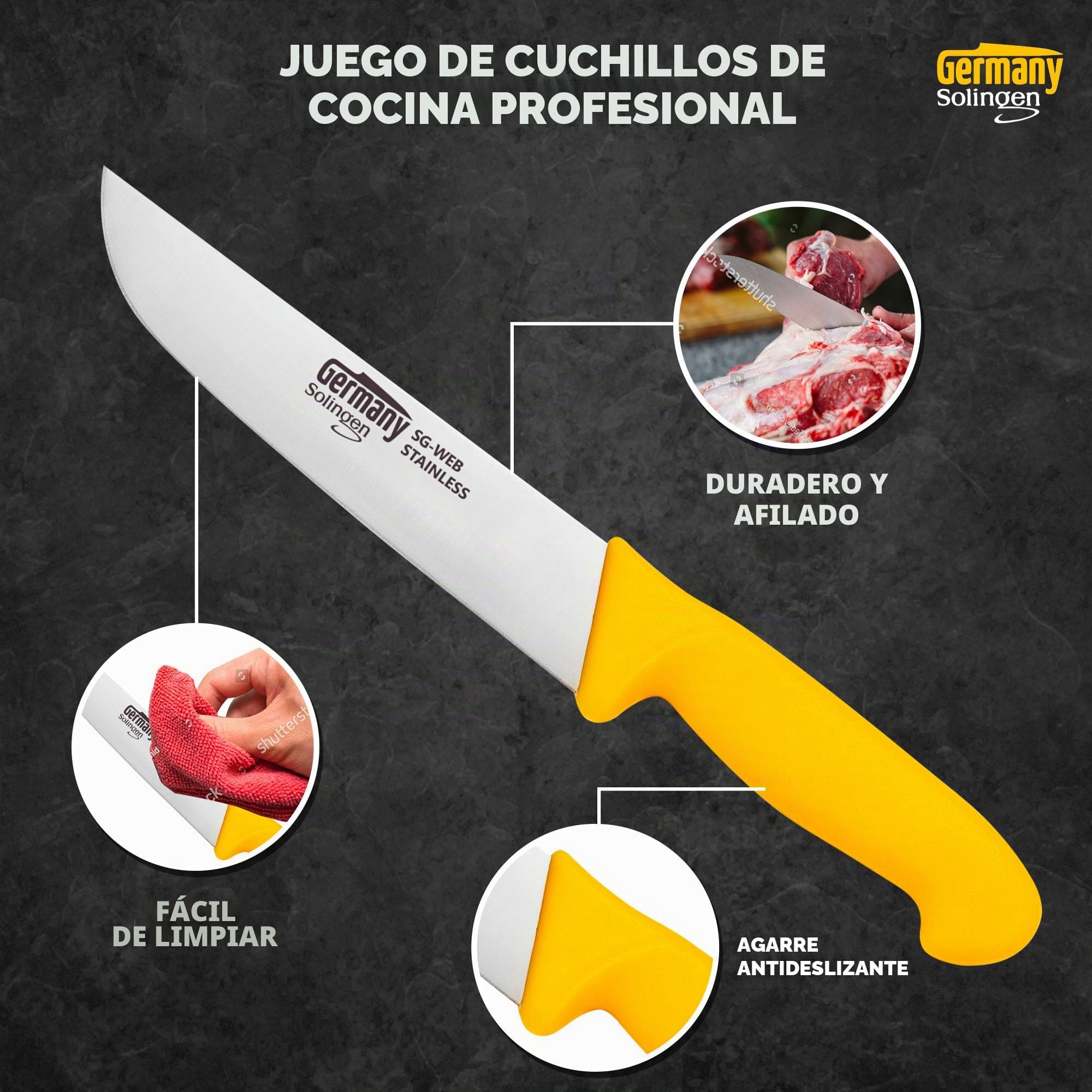Germany Solingen Juego de cuchillos profesionales de 3 piezas, cuchillo para matar con mango antideslizante para carniceros profesionales y cocinero aficionado, juego de 3 cuchillos de carne