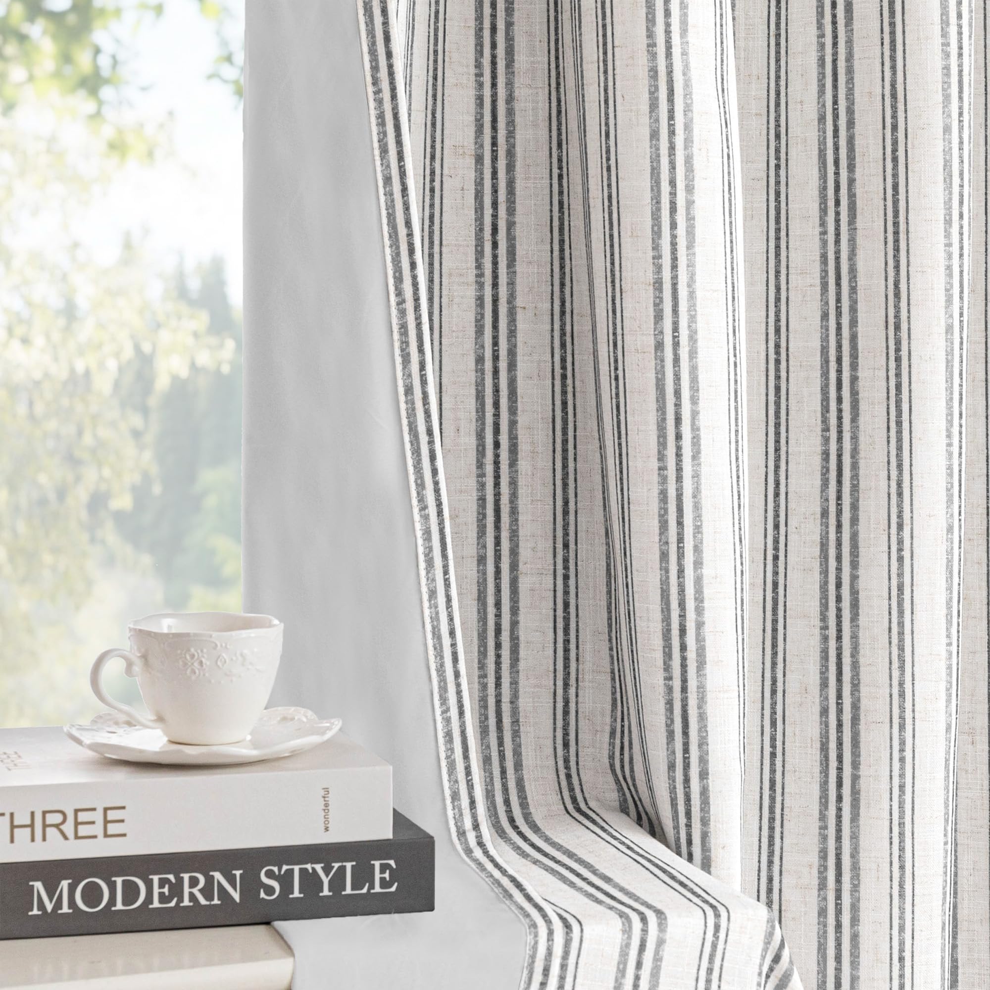 MYSKY HOME Striped Linen Curtains 100% Blackout 63 Inches Long,2 Panels