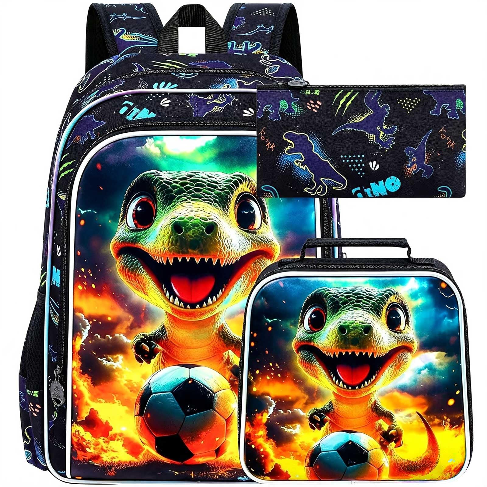 3Pcs Dinosaur Backpack for Boy, 16" Soccer Bookbag for Elementary Preschool Kindergarten, Kids School Backpacks with Lunch Box (Black)