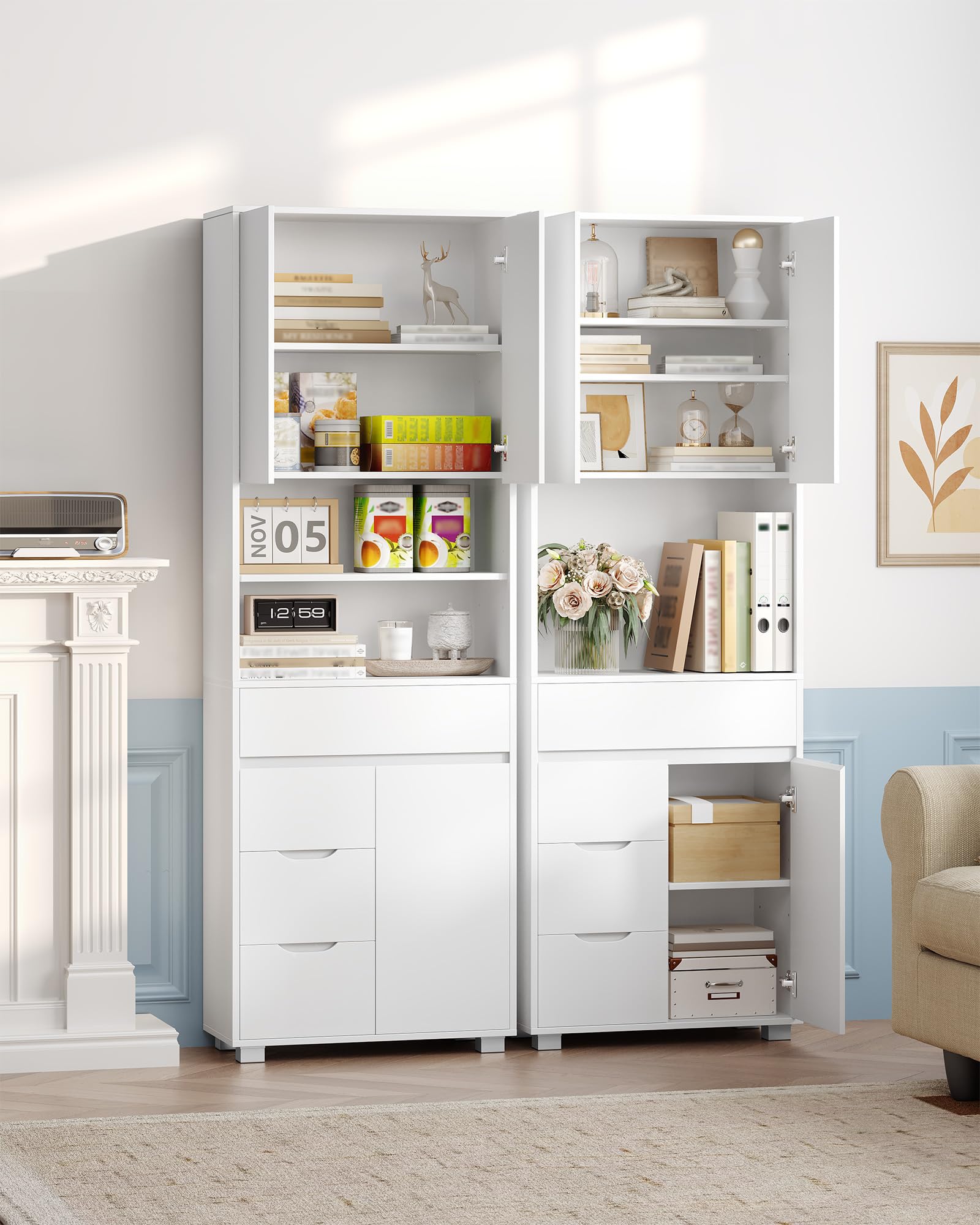 Hzuaneri Mobile Bagno, Alto, Colonna Bagno, 4 Cassetti e 3 Ante, ripiani regolabili, Ampio Spazio di Archiviazione, 30 x 60 x 190 cm, Moderno, per Soggiorno, Bagnos, Bianco SC15503X