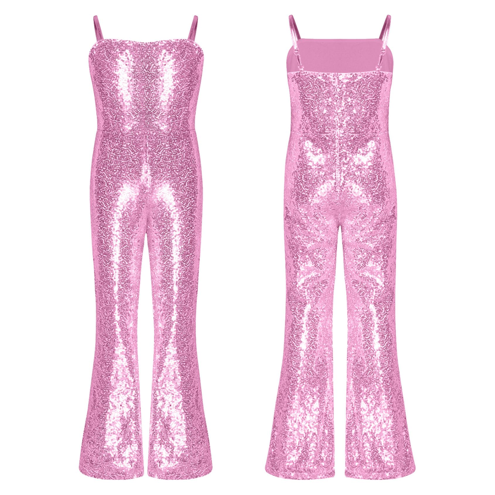 Rswnyirn Kids Girls Sleeveless Shiny Sequin Jumpsuit Movie Star Dance Leotard Fancy Dress Up Singer Bodysuit Pink 13-14 Years
