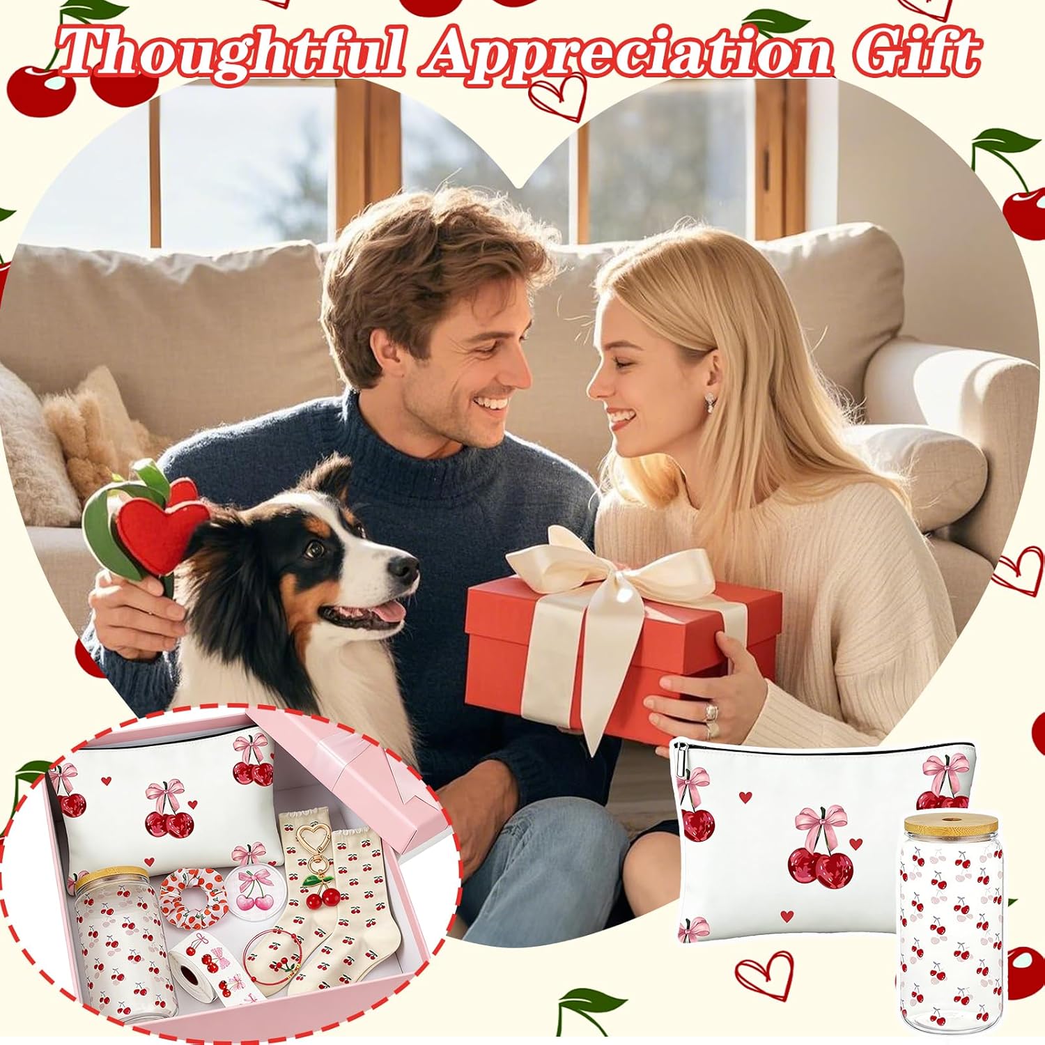 Cherry Stuff Gift Set with Makeup Bag, Cup, Keychain, Bracelet, Sock, Sticker Accessories Cherry Themed Birthday Presents for Women Girls