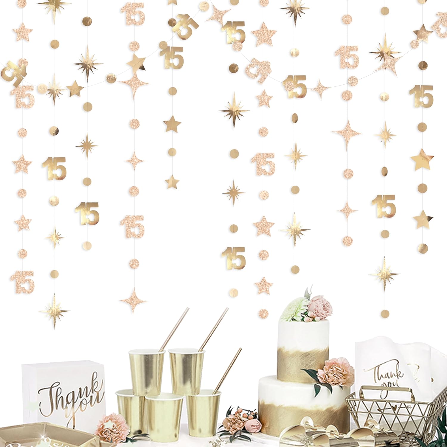 Champagne Gold 15th Birthday Decorations Number 15 Circle Dot Twinkle Star Garland Streamer Banner Backdrop for Girls Boys Cheers to 15 Years Old Birthday Happy 15th Anniversary Party Decor Supplies
