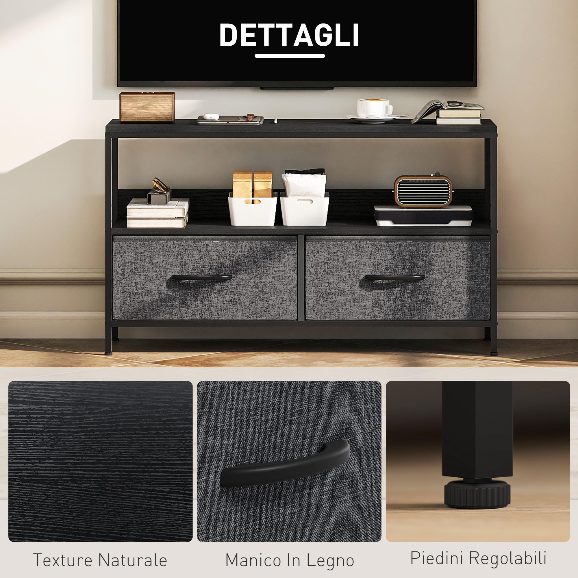 HOMCOM Mobile TV, Mobile Porta TV Fino a 47" con 2 Cassetti Pieghevoli in Tessuto e Mensola, Mobiletto per Televisore per Soggiorno, Camera da Letto e Salotto, 98x29x56 cm, Nero