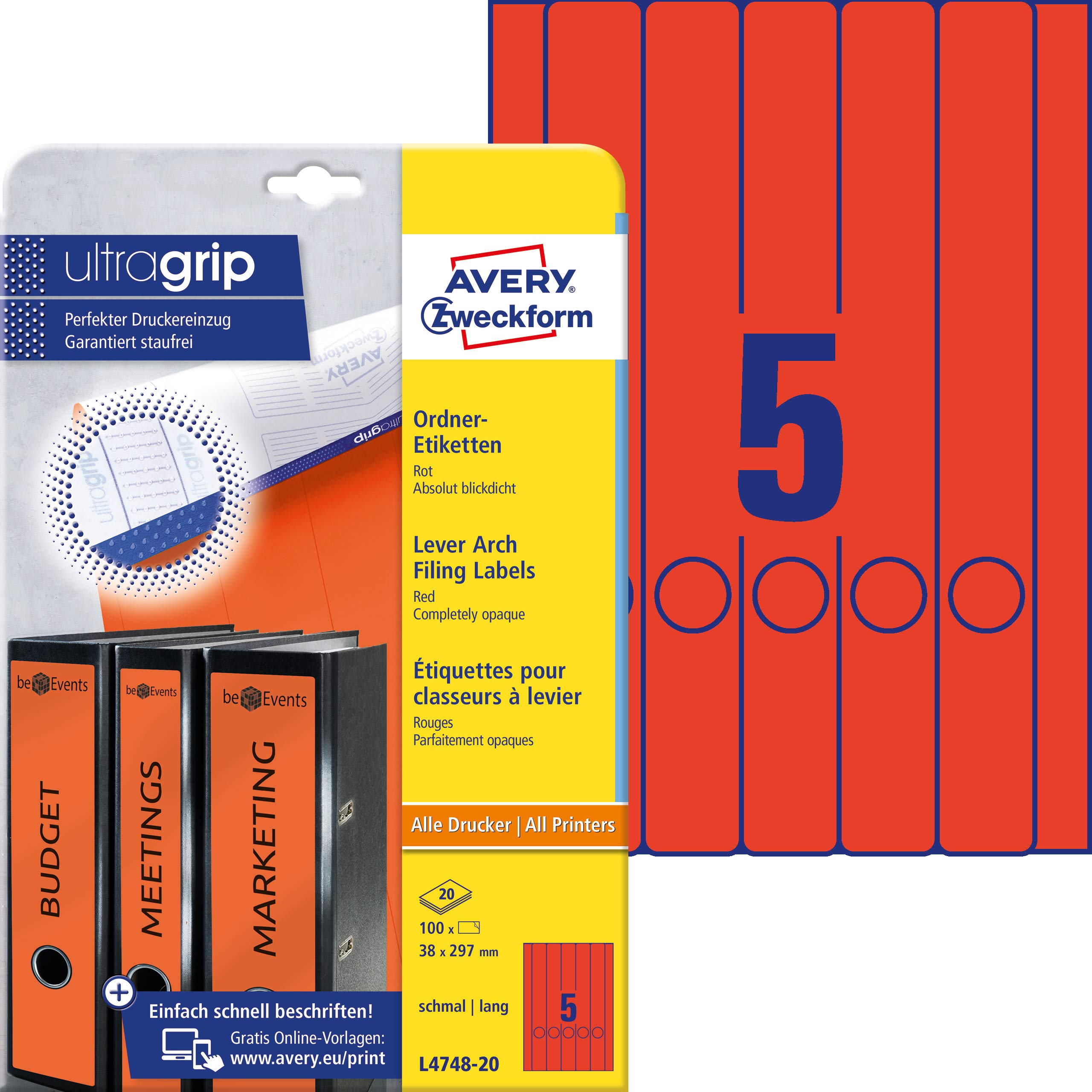AVERY Zweckform 100 Red Folder Spine Labels (38 x 297 mm, Long, Self-Adhesive, Opaque, Printable, Ultragrip Technology, FSC Certified Paper, 20 Sheets)