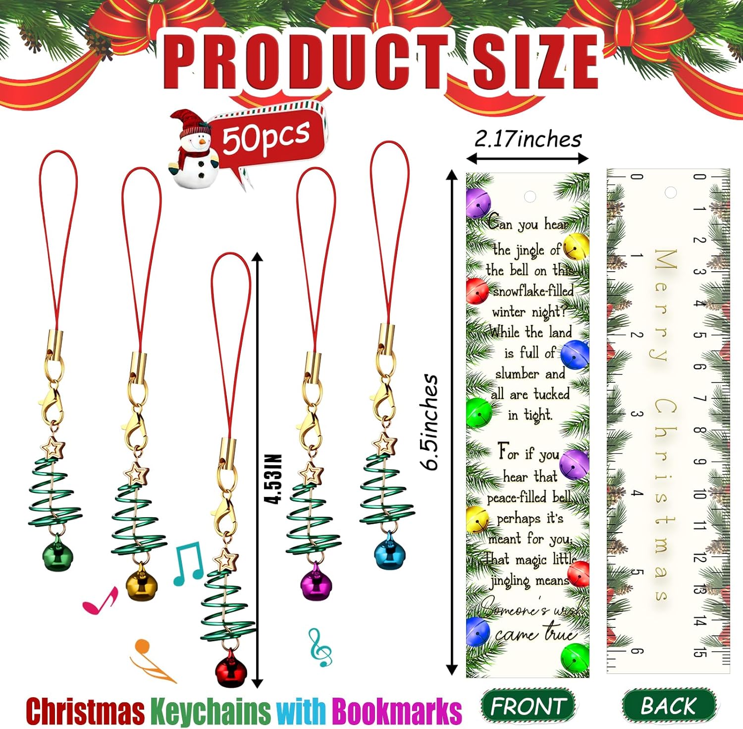 50 Sets Christmas Tree Jingle Bell Keychains Bulk with Christmas Bookmarks, Santa's Sleigh Bell Bookmarks for Adult End of Year Party Favor, Holiday Stocking Stuffer Gift