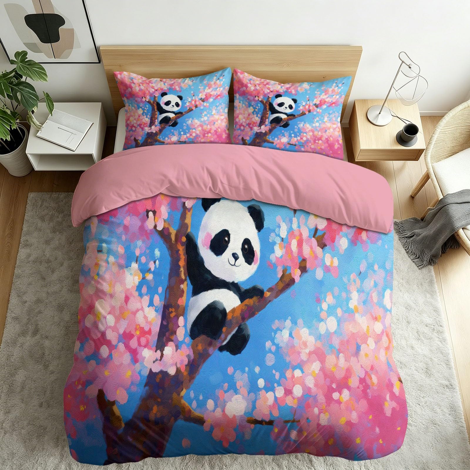 Juego de funda nórdica con diseño de animales y flores, cómodo juego de cama para niños, adolescentes y niñas, funda de edredón transpirable con diseño de panda, flor de cerezo, 200 x 200 cm, funda